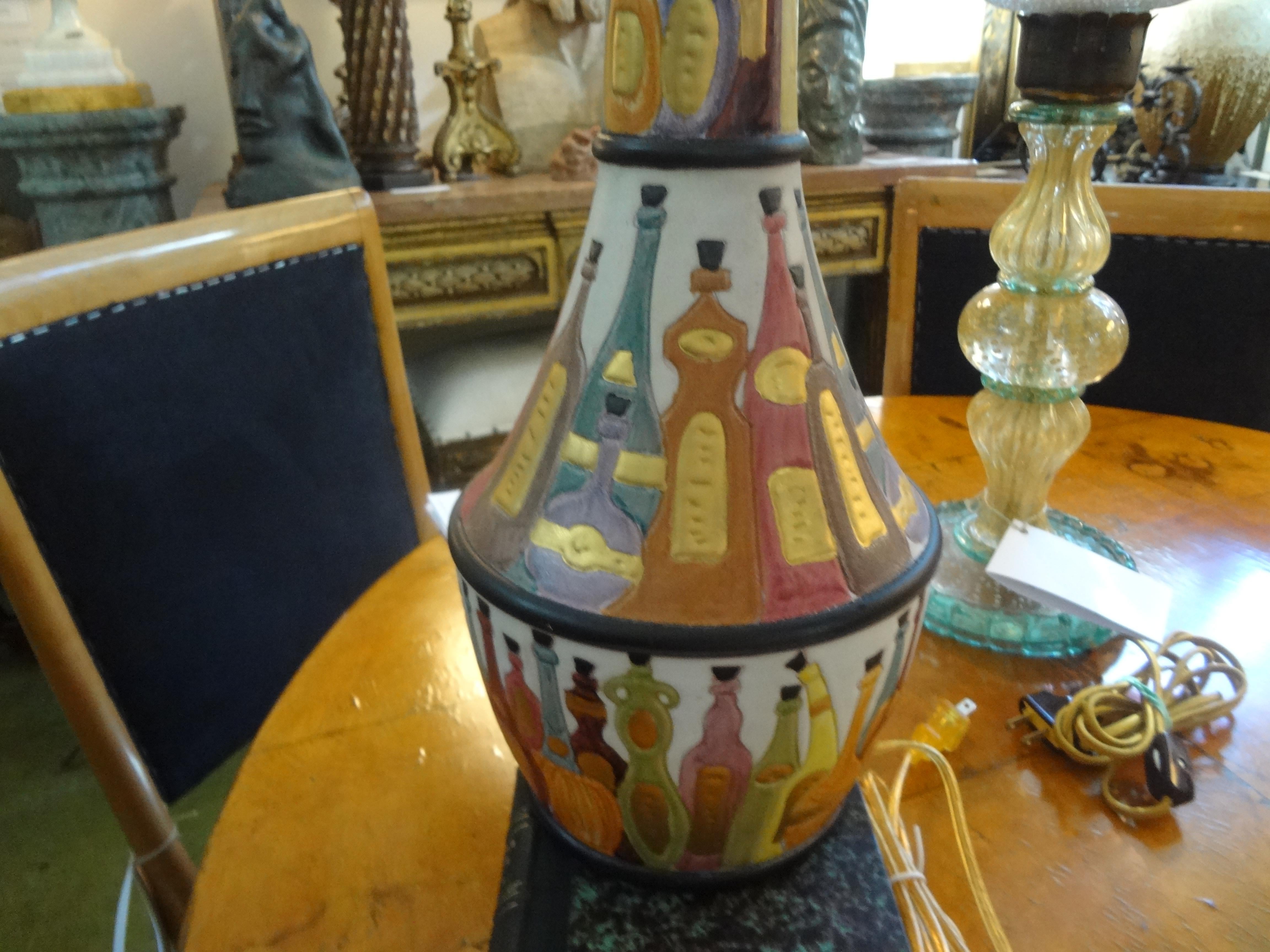 Italian Glazed Pottery Lamp with Wine Bottles For Sale 2