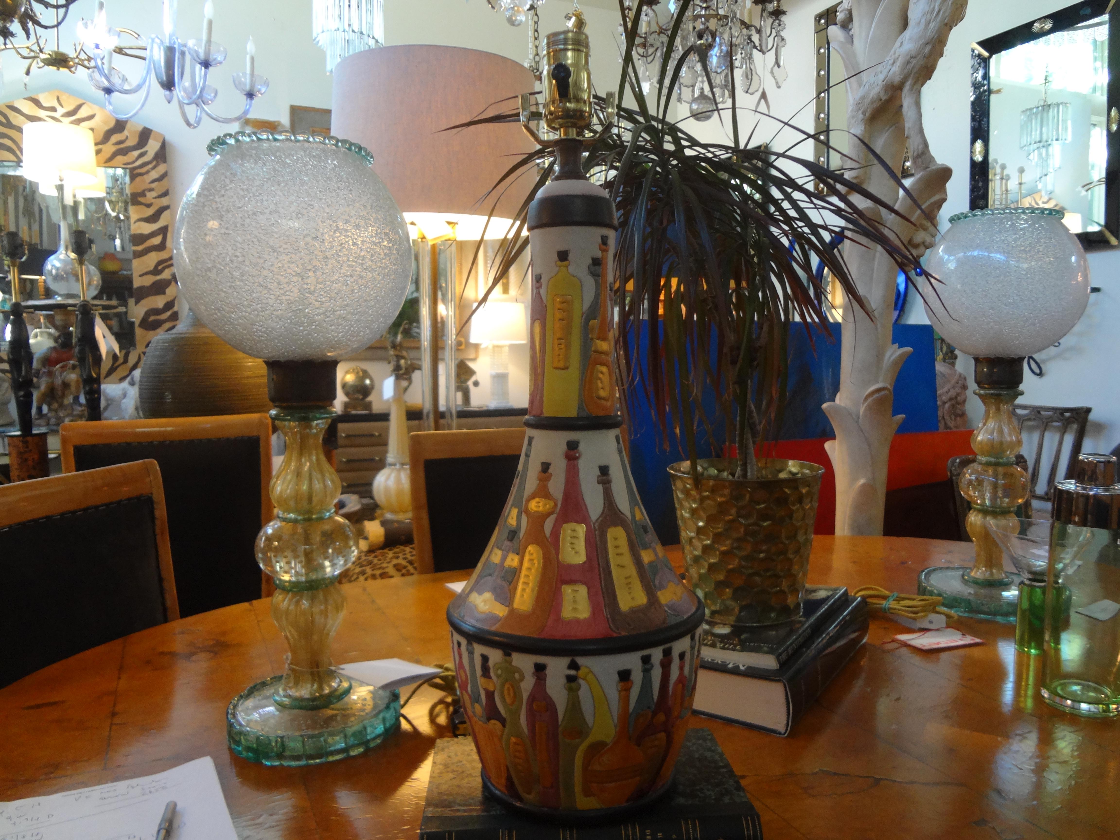 Italian Glazed Pottery Lamp with Wine Bottles For Sale 4