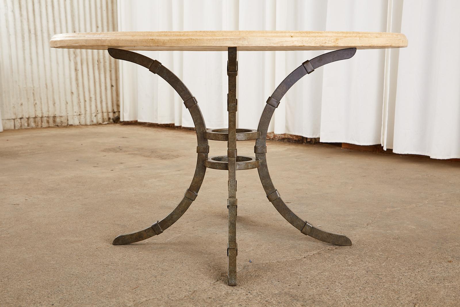 Italian Glazed Pottery Top Iron Pedestal Dining Table In Good Condition In Rio Vista, CA