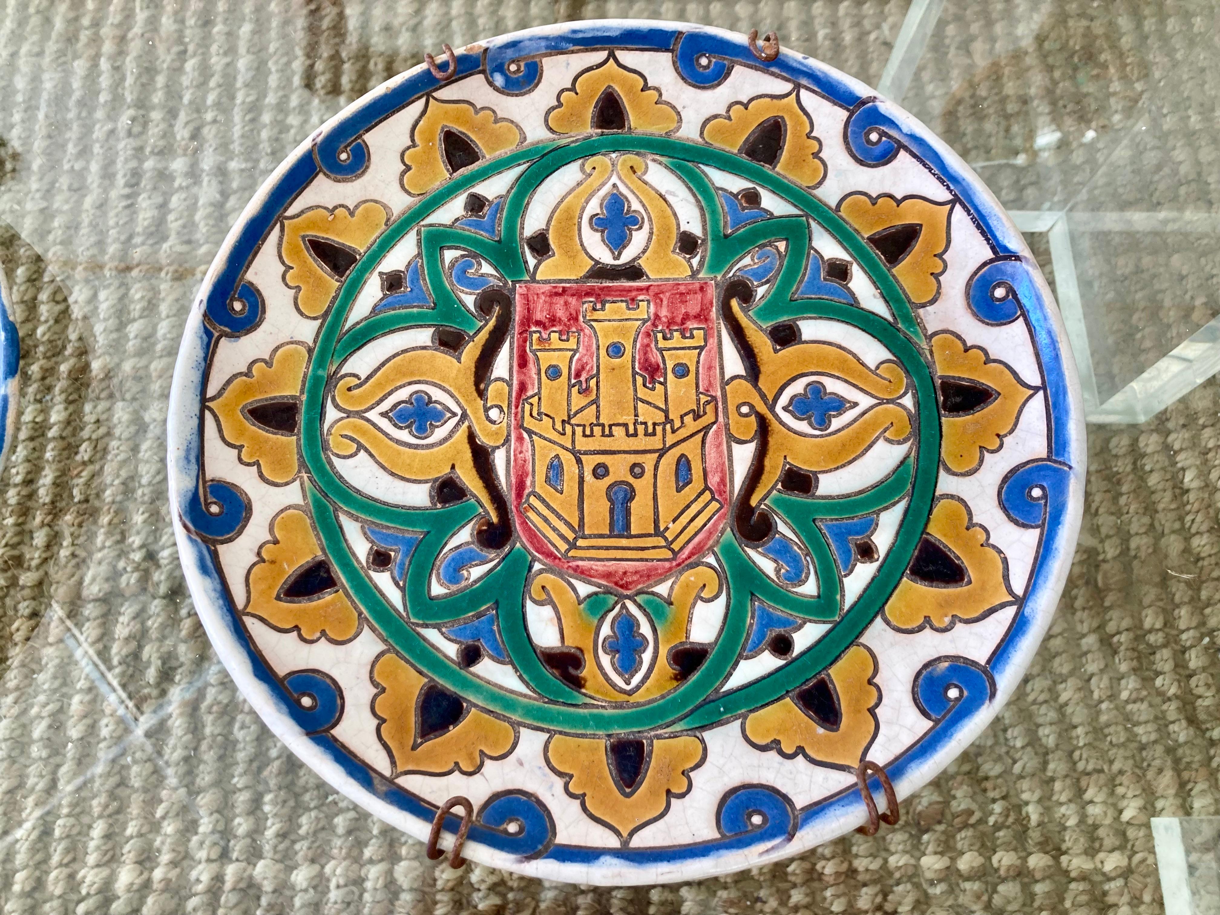 Terracotta Italian Glazed Terra Cotta Castle Wall Plates, a Pair
