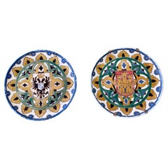 Italian Glazed Terra Cotta Castle Wall Plates, a Pair