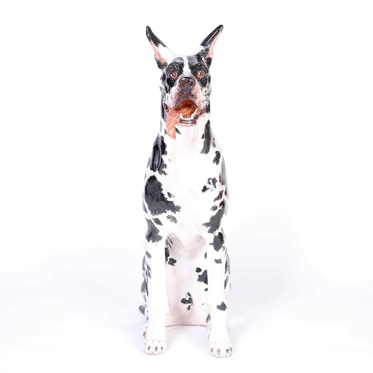 Large Italian terra cotta great Dane or dog, cast and decorated with amazing accuracy. Best of the genre.