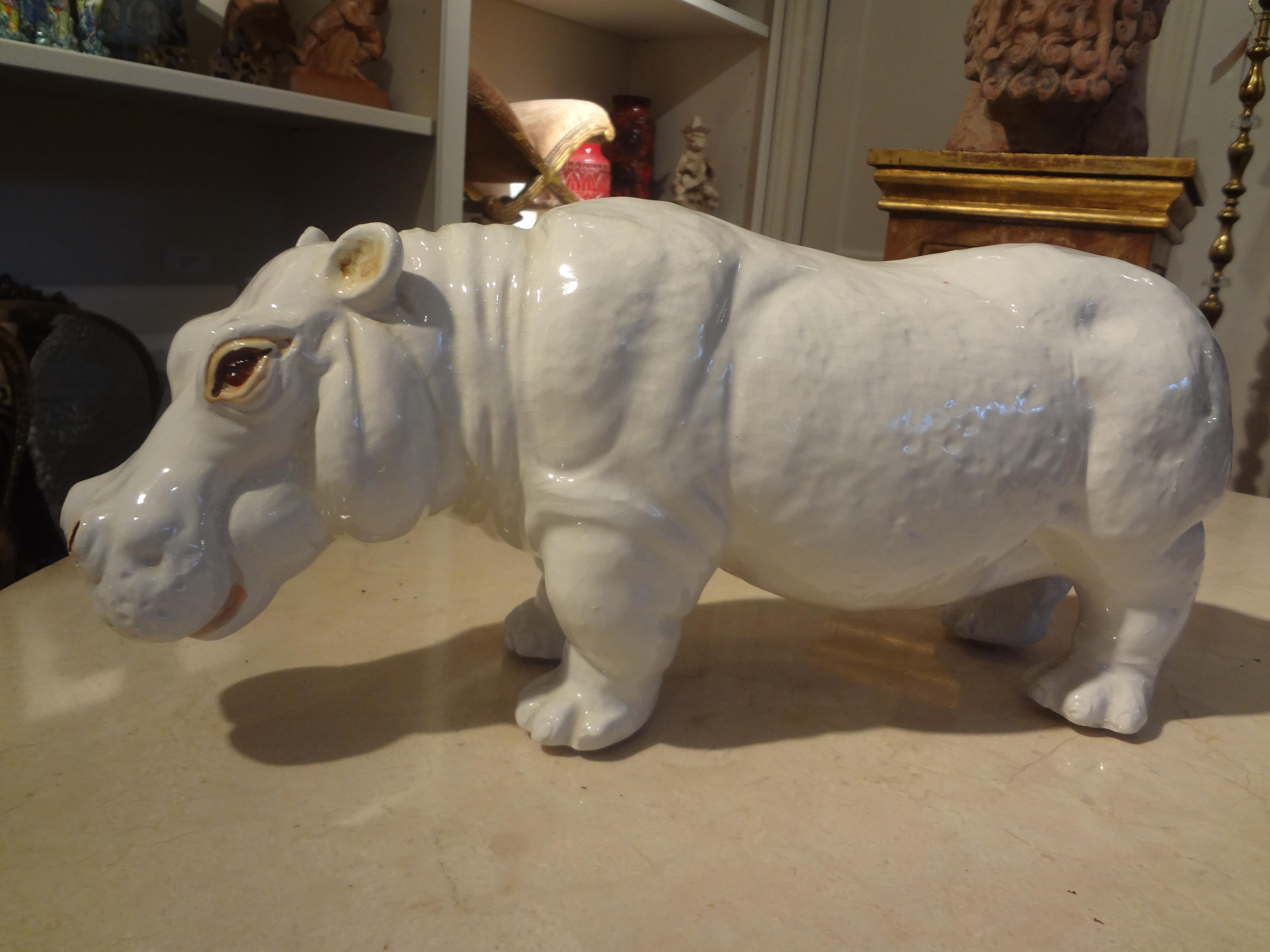 Italian glazed terra cotta Hippopotamus. This stunning large Italian white glazed terracotta Hippo sculpture, figure or statue is realistic and makes the perfect whimsical accessory!