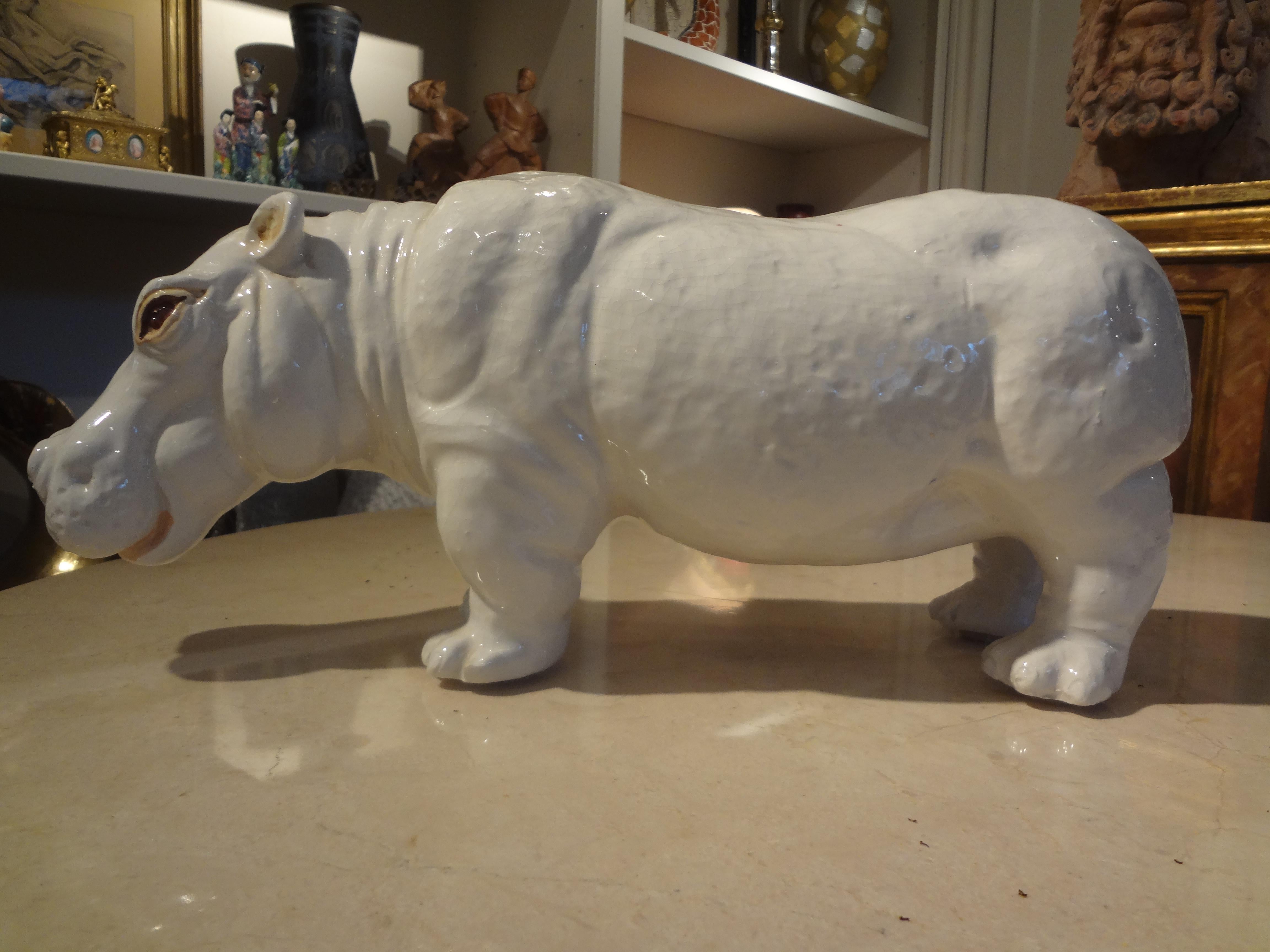 Hollywood Regency Italian Glazed Terra Cotta Hippopotamus For Sale