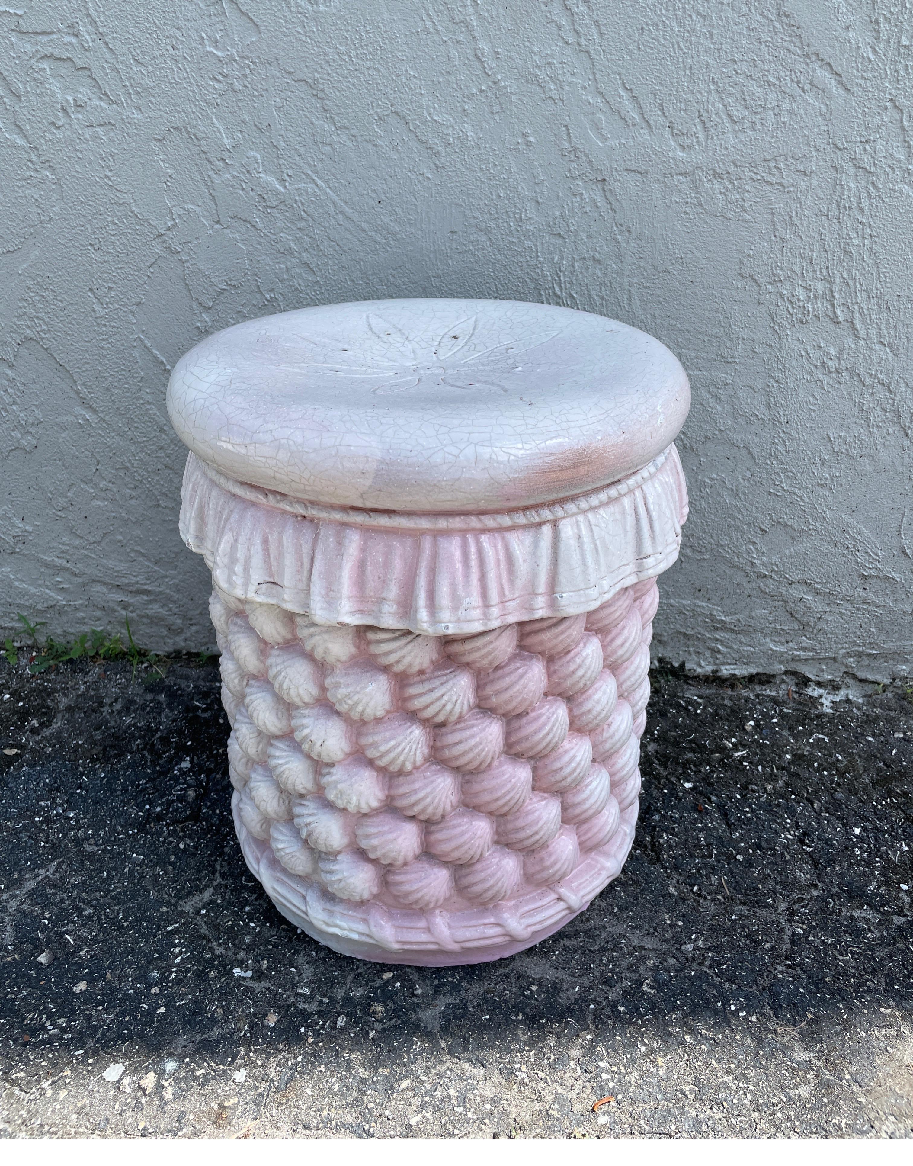 Italian Glazed Terra Cotta Shell Motif Garden Seat In Good Condition In West Palm Beach, FL