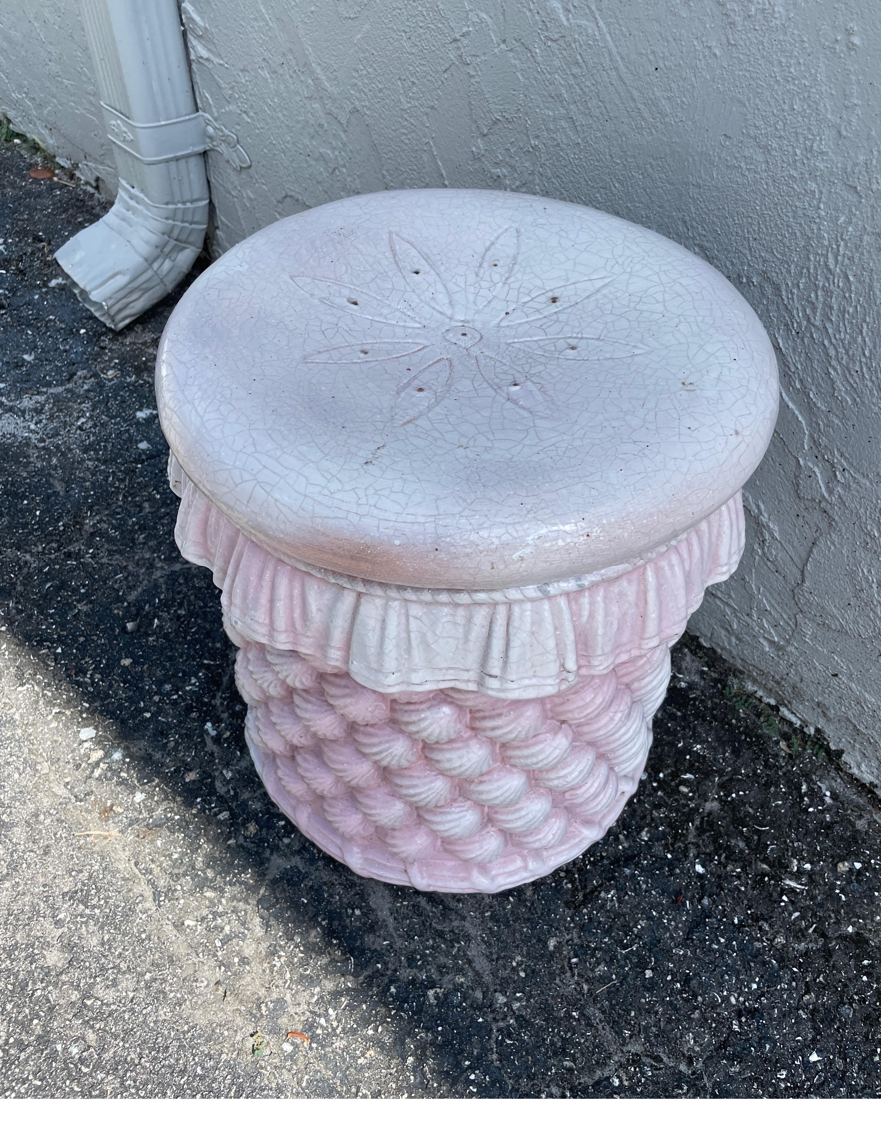 Terracotta Italian Glazed Terra Cotta Shell Motif Garden Seat