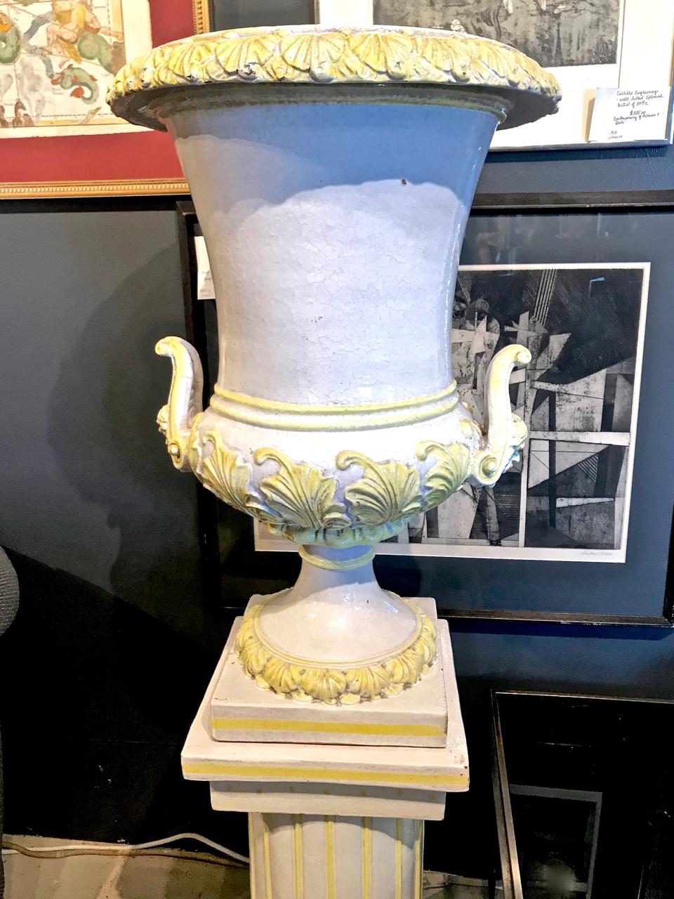 Renaissance Revival Italian Glazed Terra Cotta Urn on Pedestal