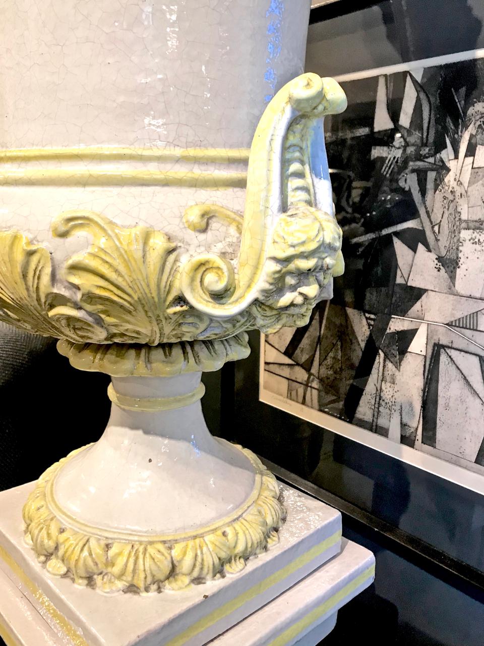 Clay Italian Glazed Terra Cotta Urn on Pedestal