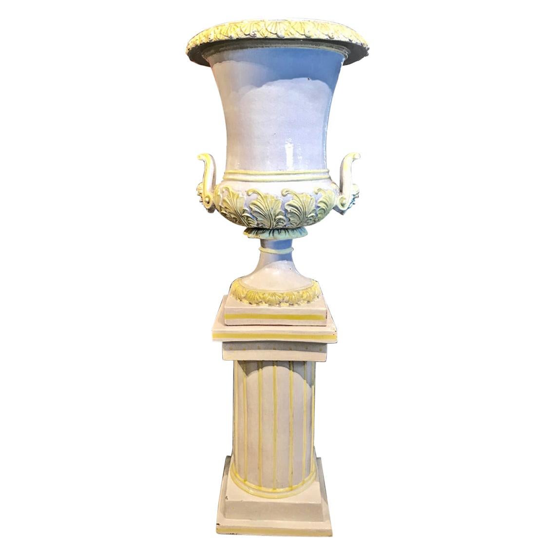 Italian Glazed Terra Cotta Urn on Pedestal
