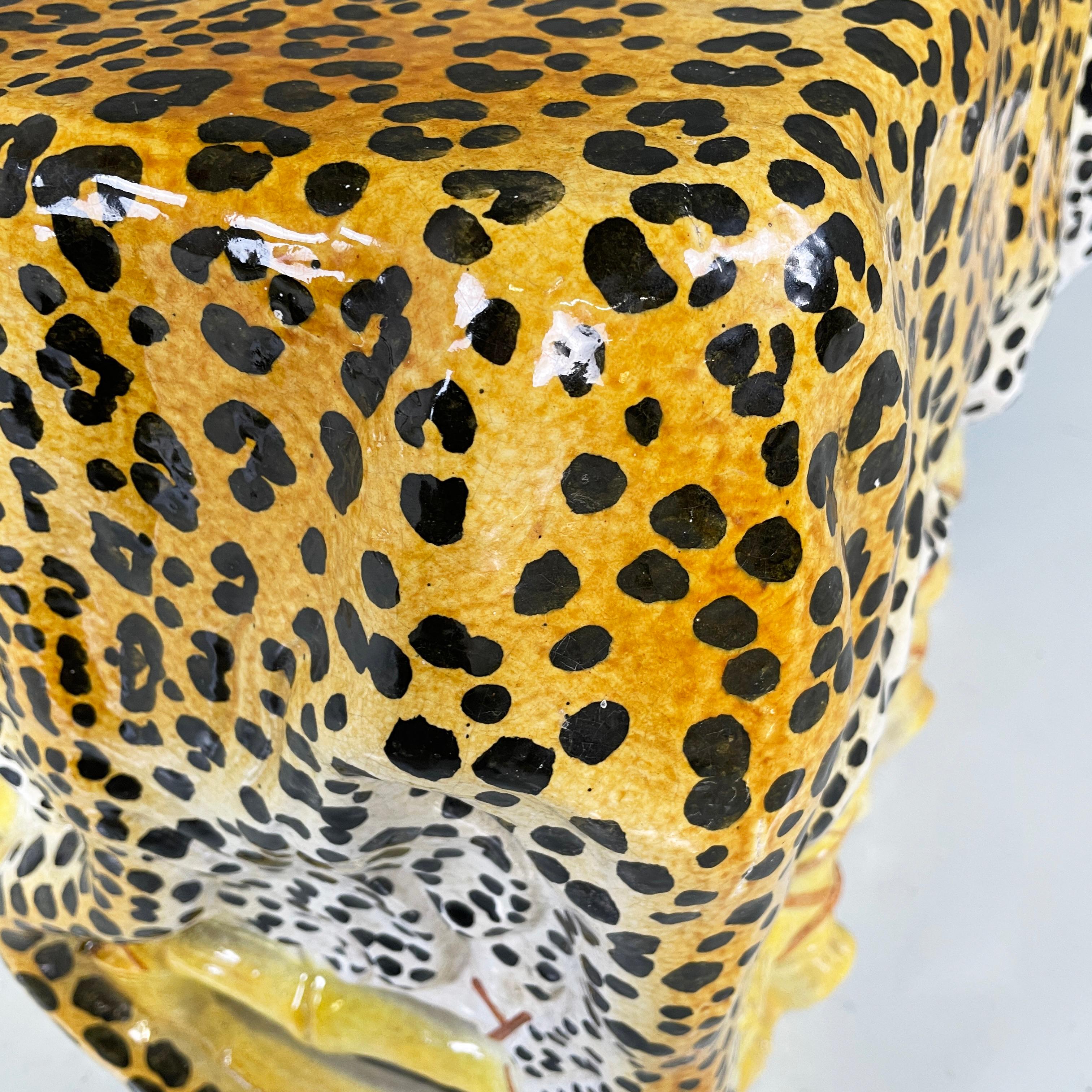 Italian Glazed terracotta coffe table of bamboo stool with leopard skin, 1960s For Sale 2