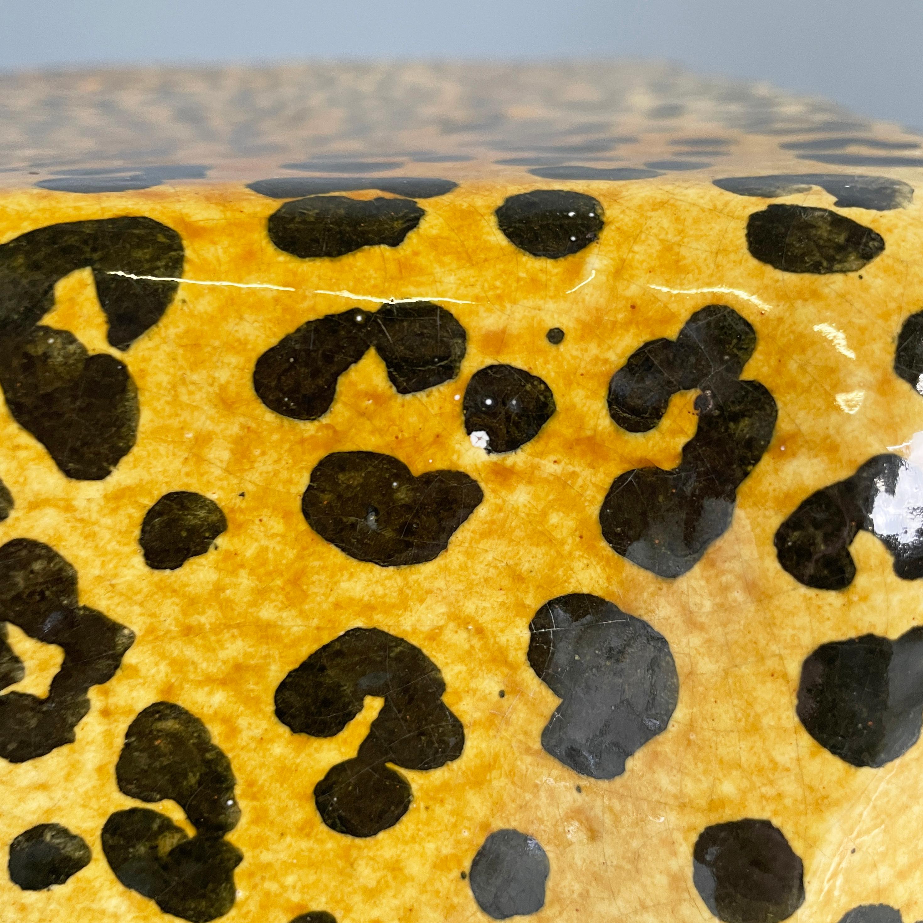 Italian Glazed terracotta coffe table of bamboo stool with leopard skin, 1960s For Sale 3