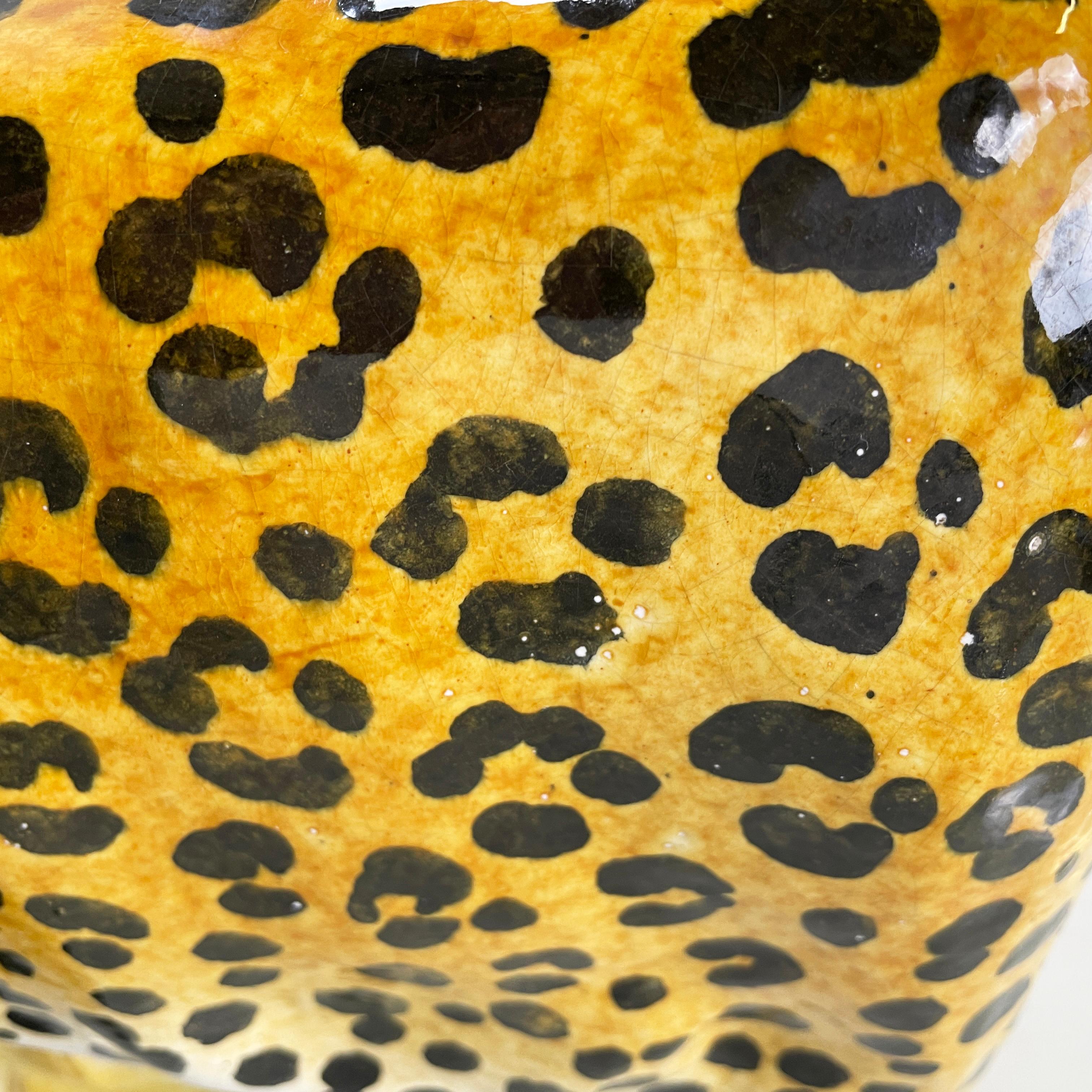 Italian Glazed terracotta coffe table of bamboo stool with leopard skin, 1960s For Sale 4