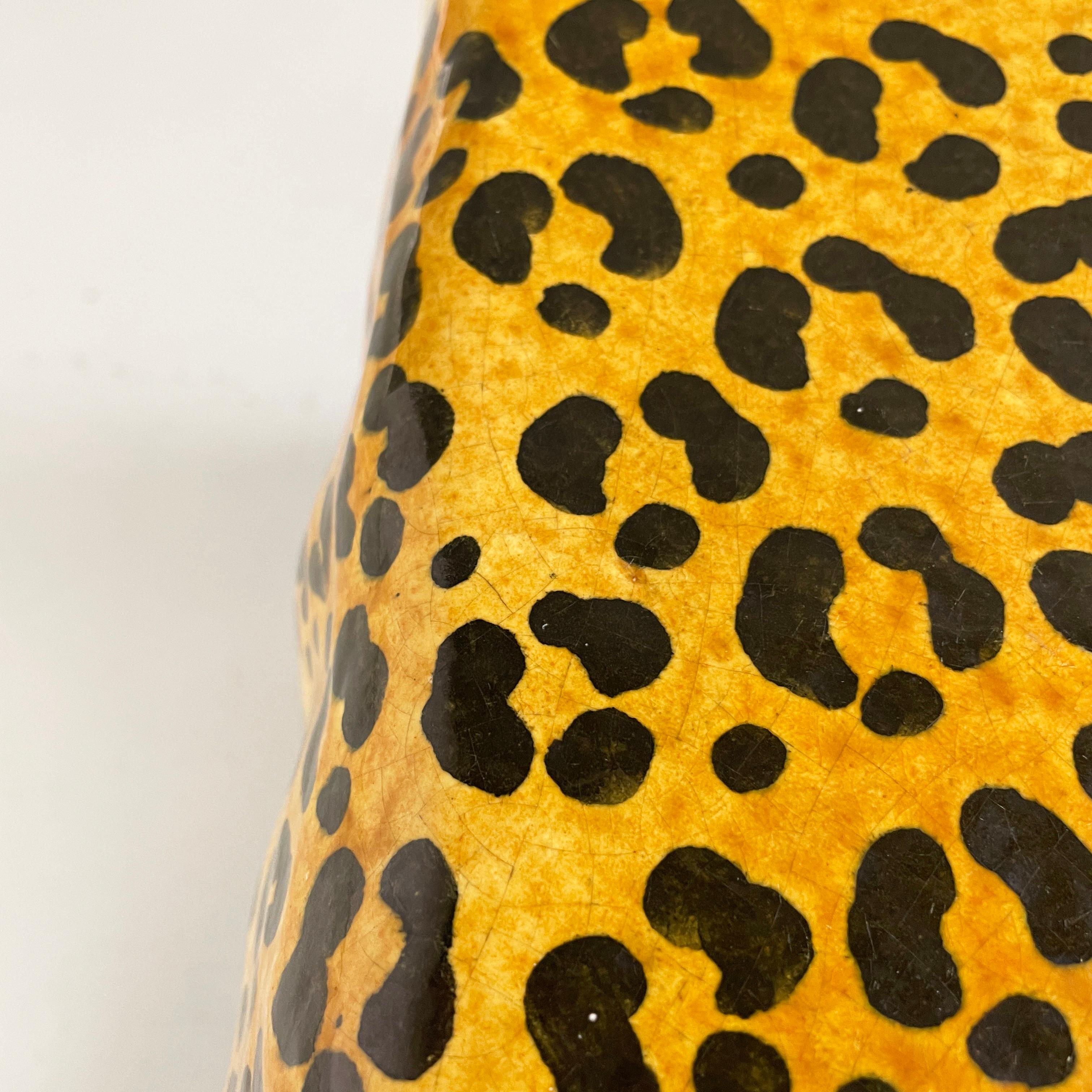 Italian Glazed terracotta coffe table of bamboo stool with leopard skin, 1960s For Sale 6