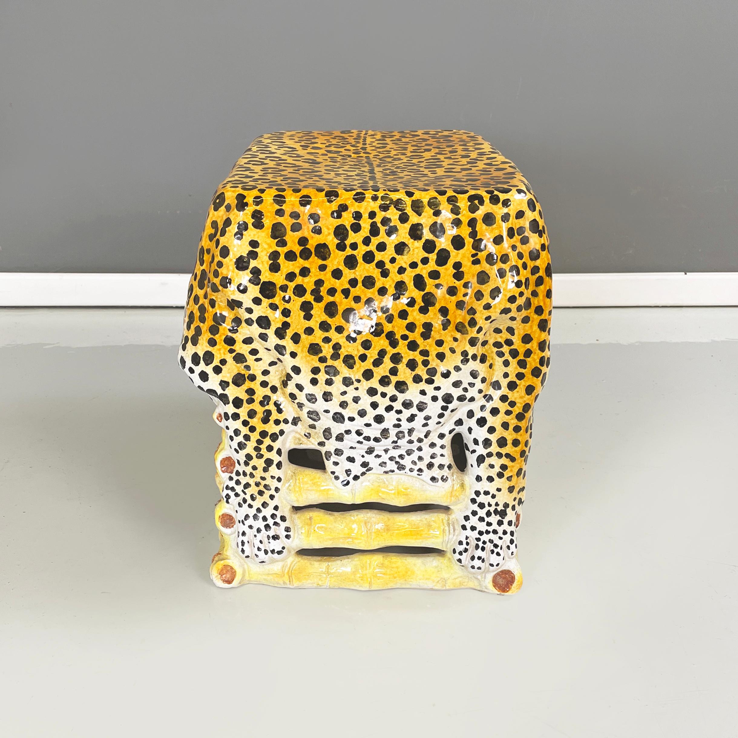 Italian mid-century modern Glazed terracotta coffe table of bamboo stool with leopard skin, 1960s
Coffee table entirely in glazed terracotta. The coffee table takes the shape of a bamboo stool with a leopard skin spread over it. Suitable for outdoor