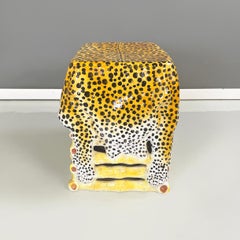Italian glazed terracotta coffe table of bamboo stool with leopard skin, 1960s