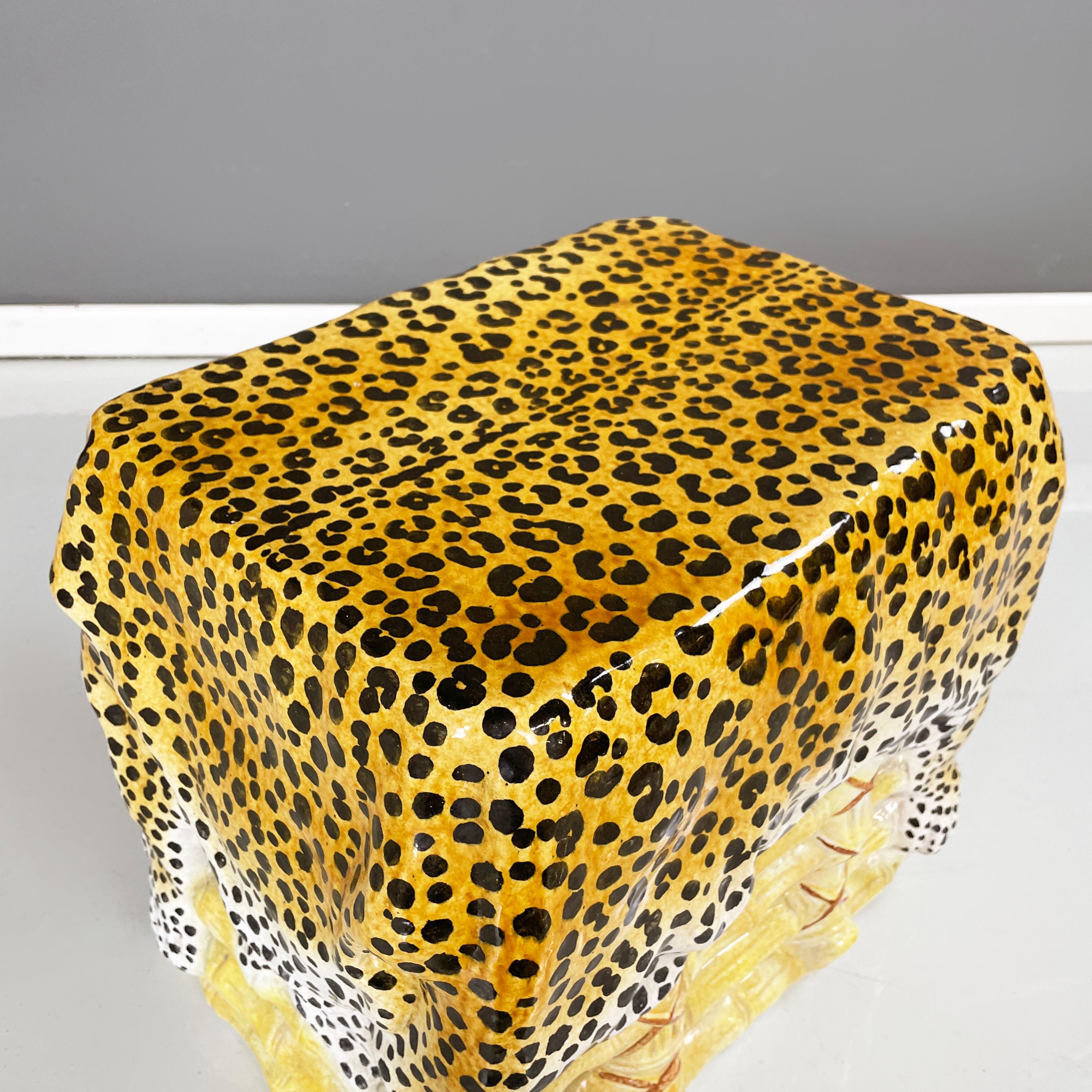 Mid-Century Modern Italian Glazed terracotta coffe table of bamboo stool with leopard skin, 1960s For Sale