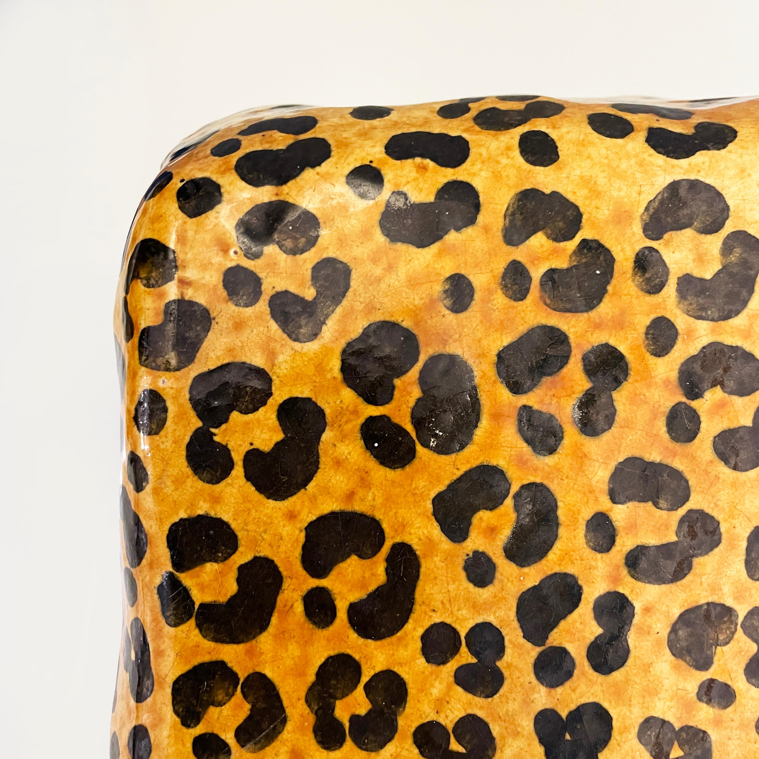 Italian Glazed terracotta coffe table of bamboo stool with leopard skin, 1960s In Good Condition For Sale In MIlano, IT