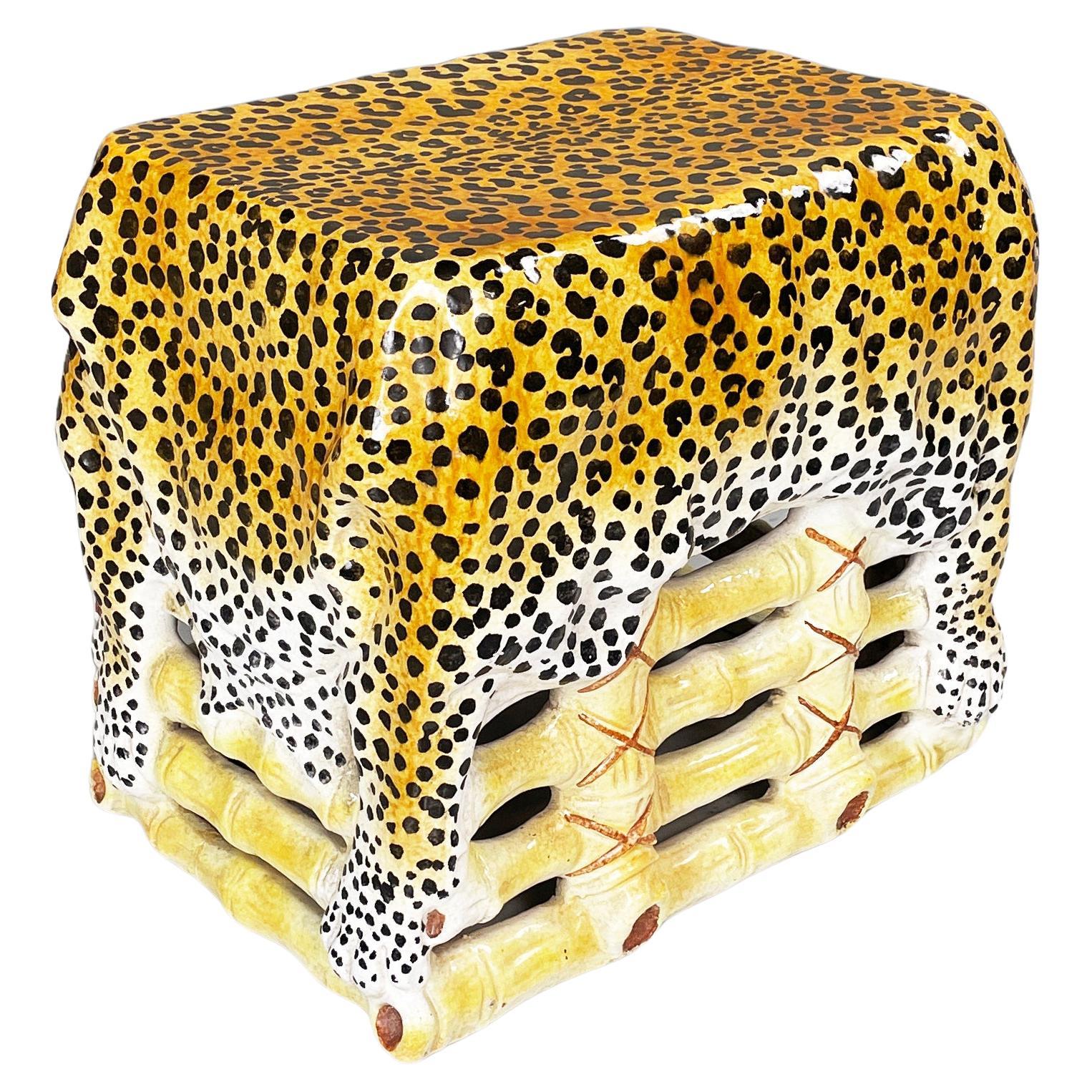 Italian Glazed terracotta coffe table of bamboo stool with leopard skin, 1960s For Sale