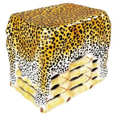 Italian Glazed terracotta coffe table of bamboo stool with leopard skin, 1960s