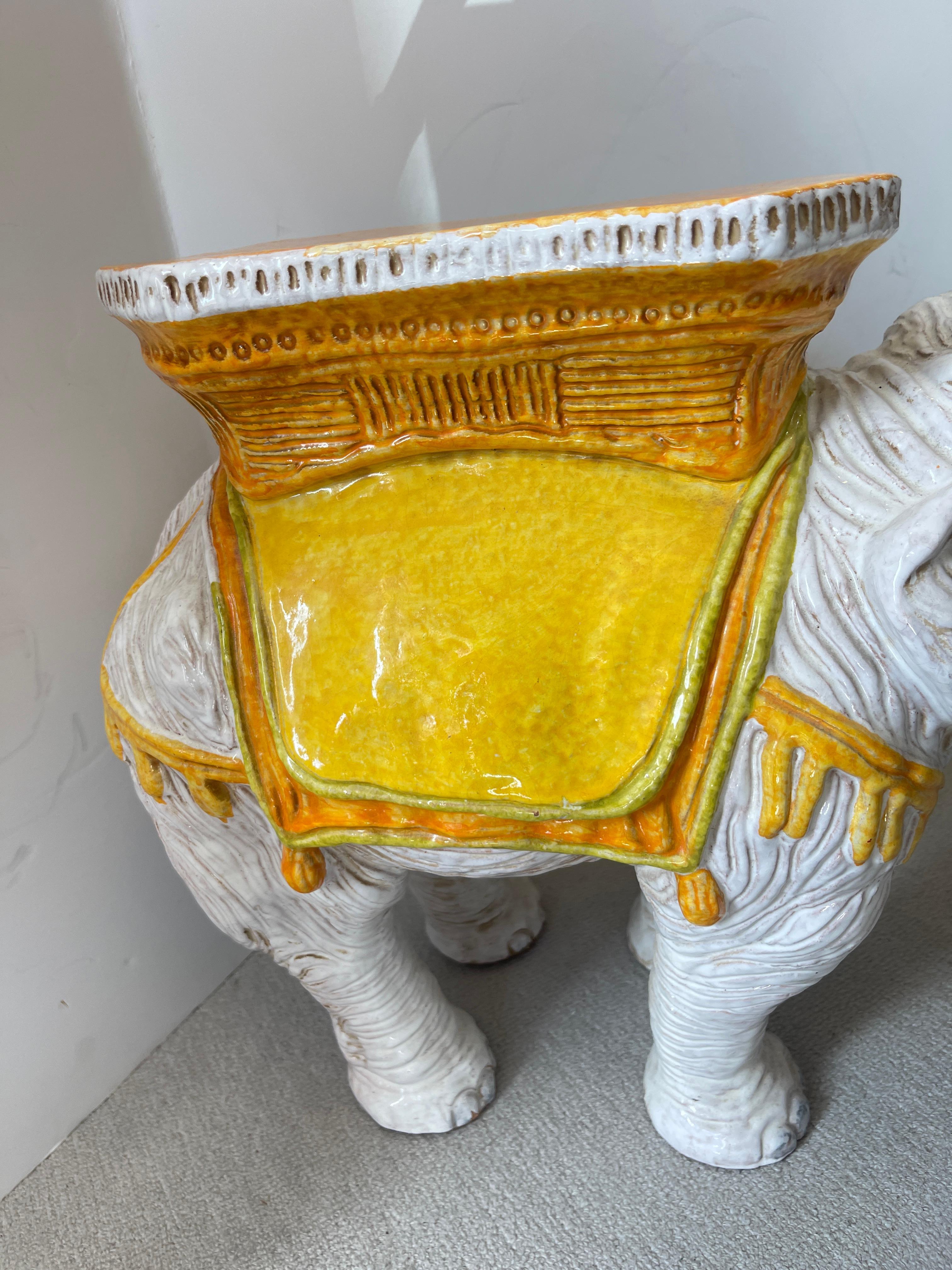 Hollywood Regency Italian Glazed Terracotta Elephant Garden Seat For Sale