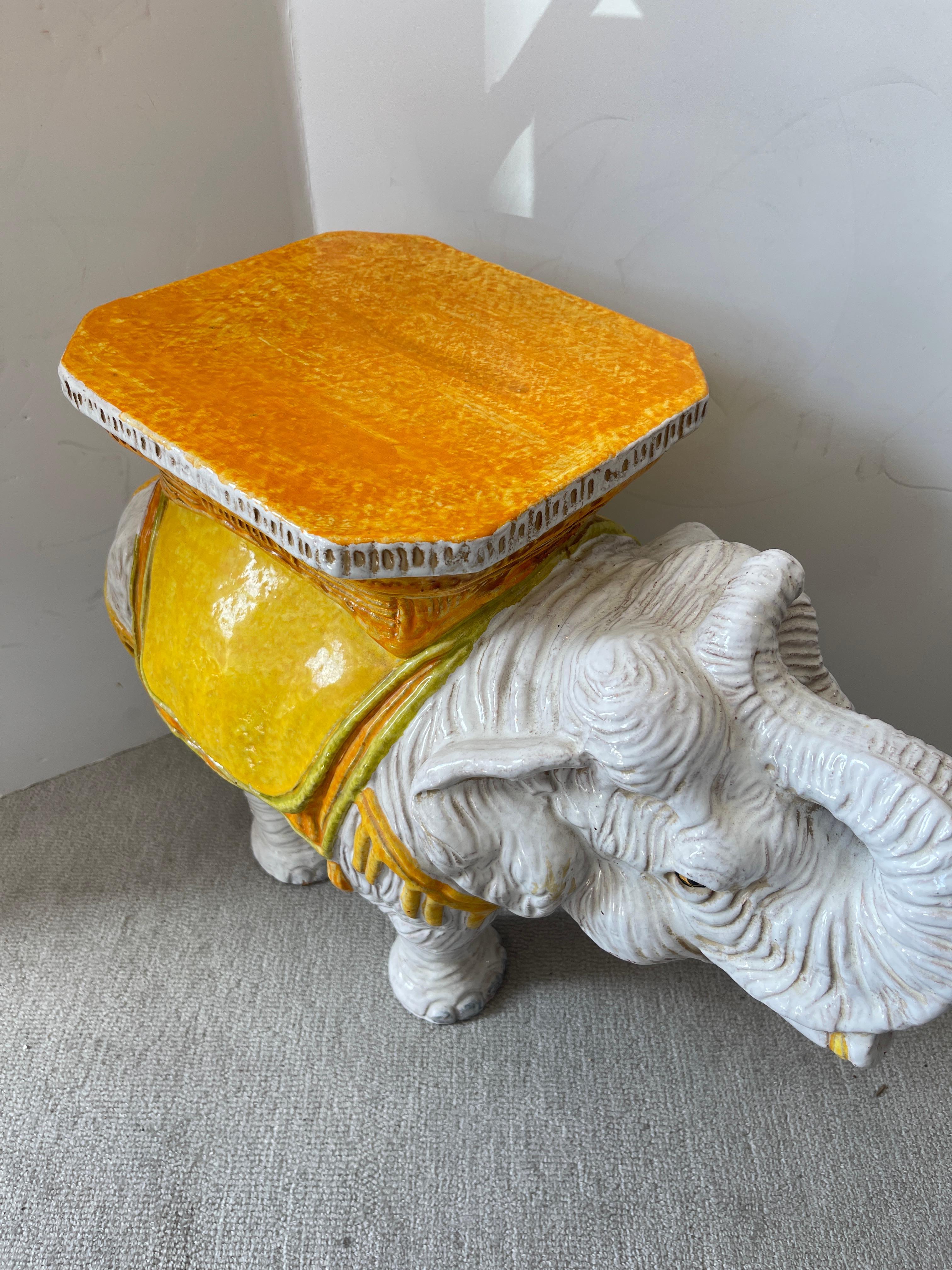 Italian Glazed Terracotta Elephant Garden Seat In Good Condition For Sale In West Palm Beach, FL