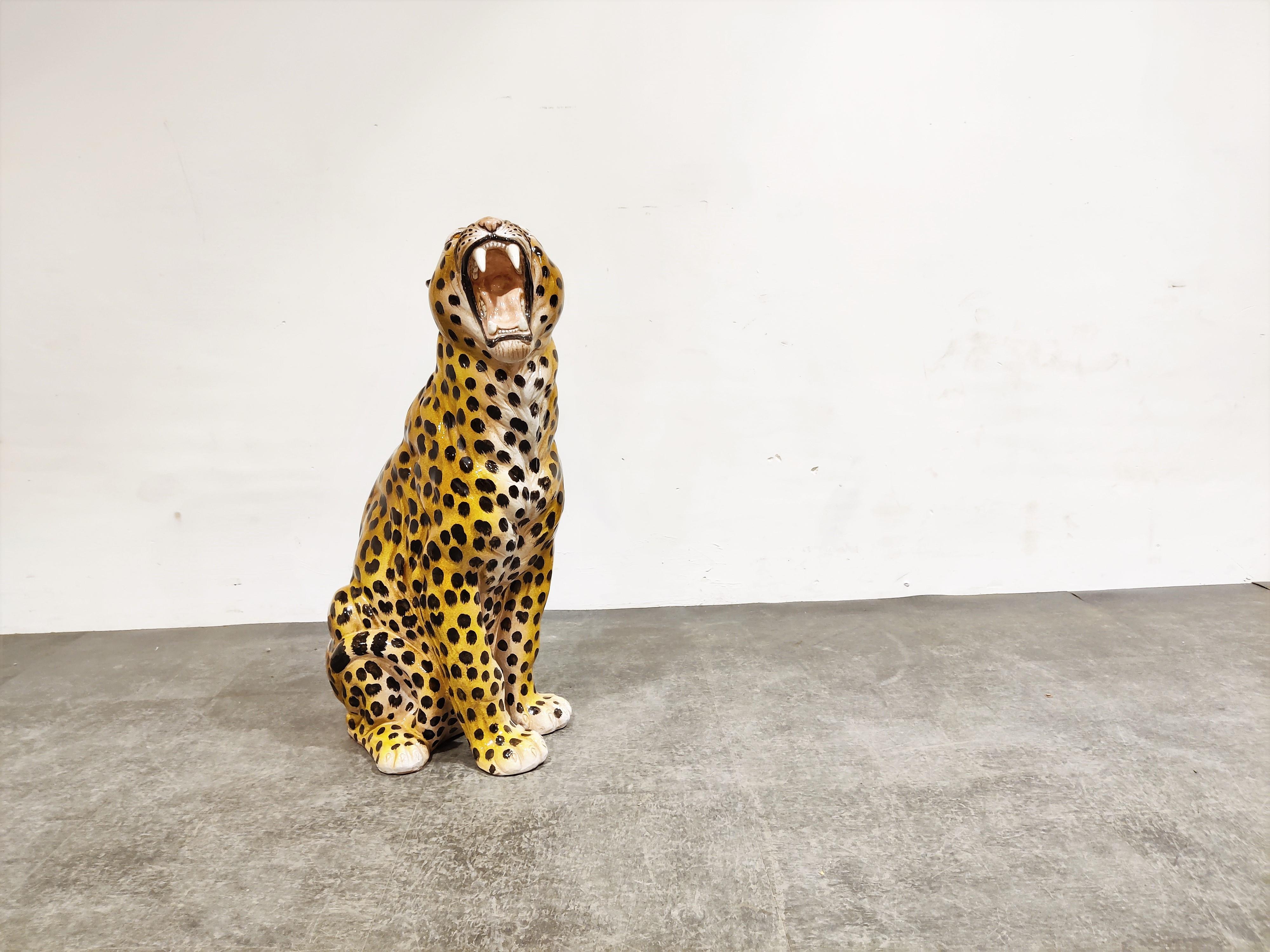 Hollywood Regency Italian Glazed Terracotta Leopard Figure, 1960s