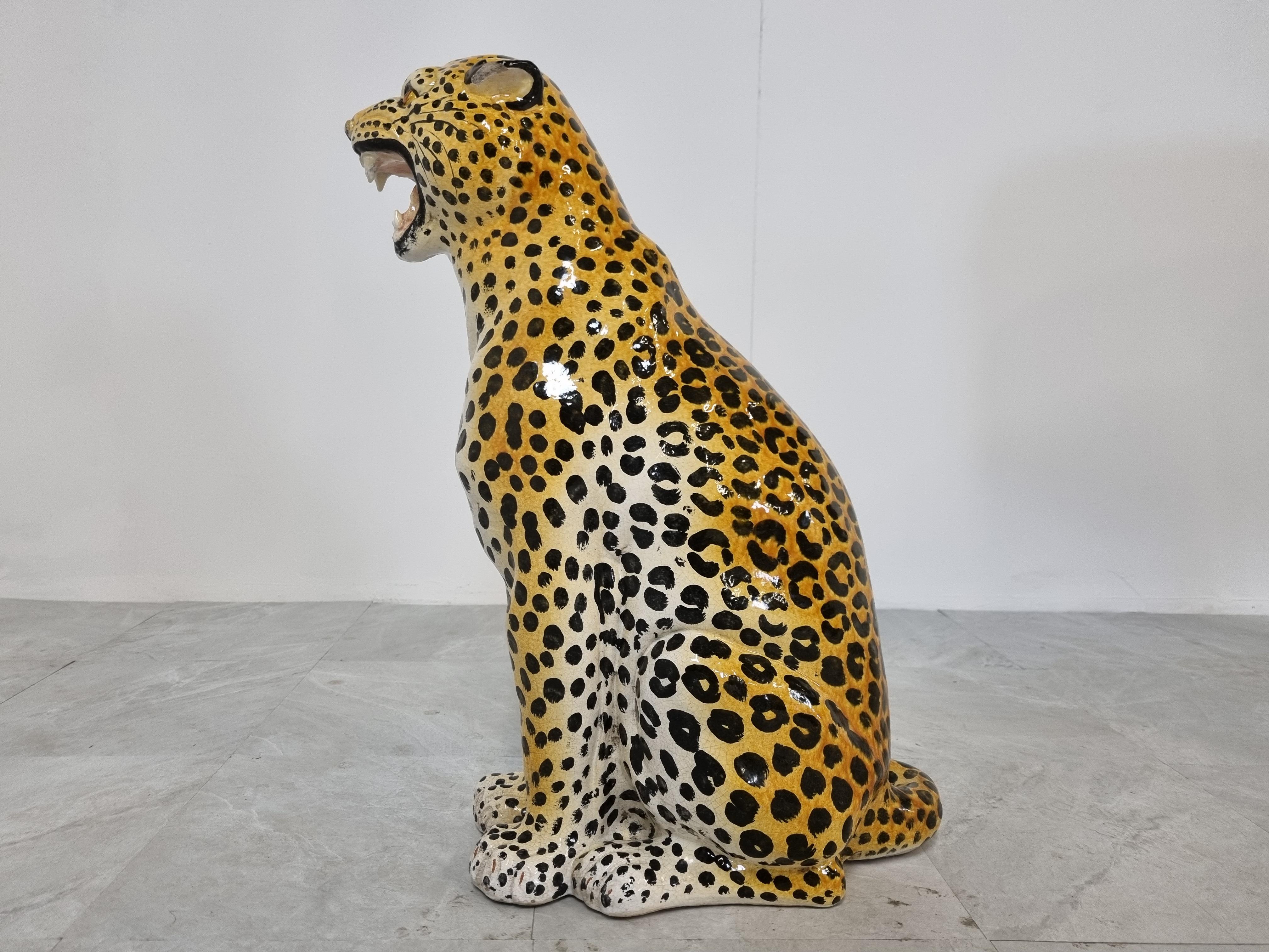 Hollywood Regency Italian Glazed Terracotta Leopard Figure, 1960s