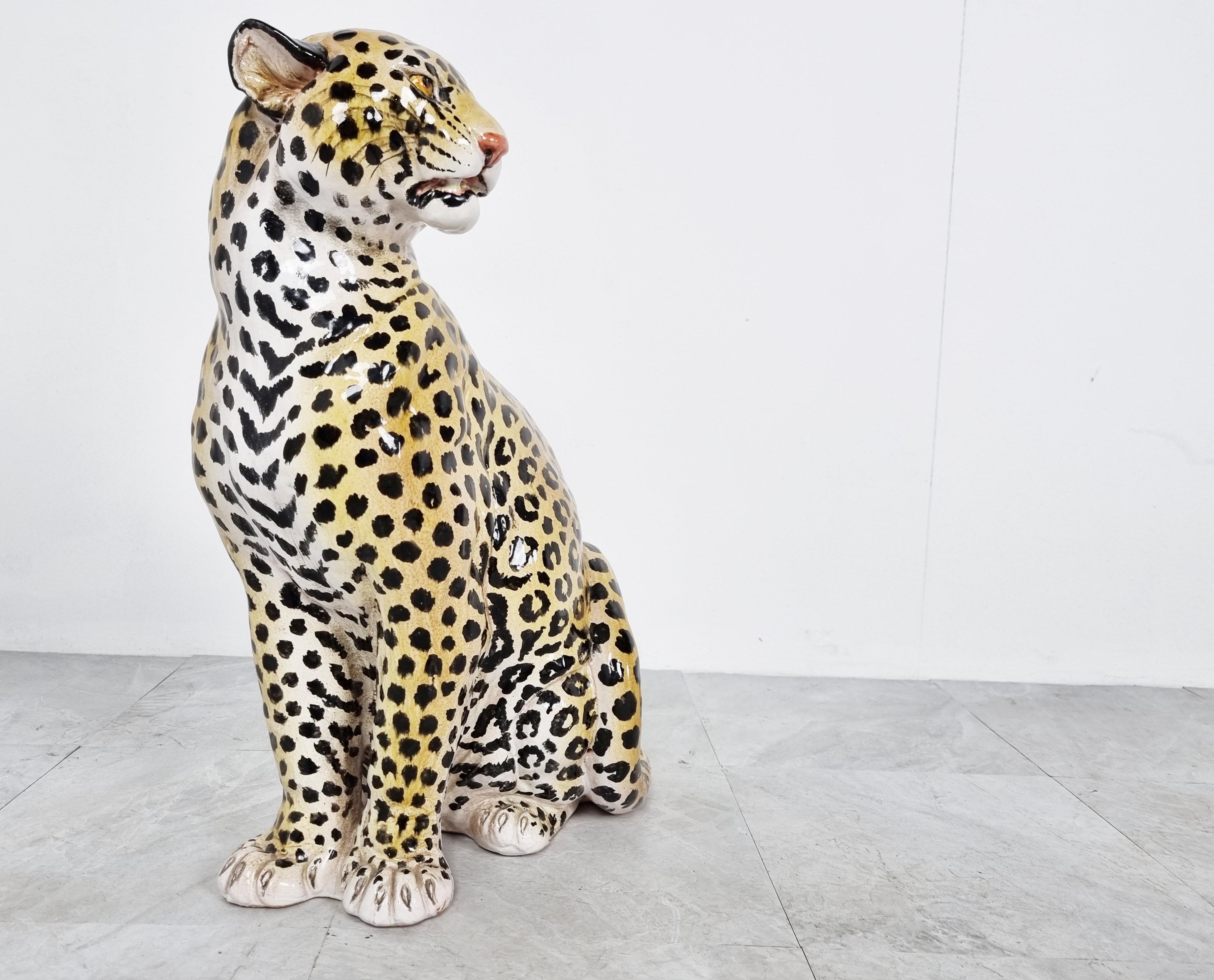 Hollywood Regency Italian Glazed Terracotta Leopard Figure, 1960s
