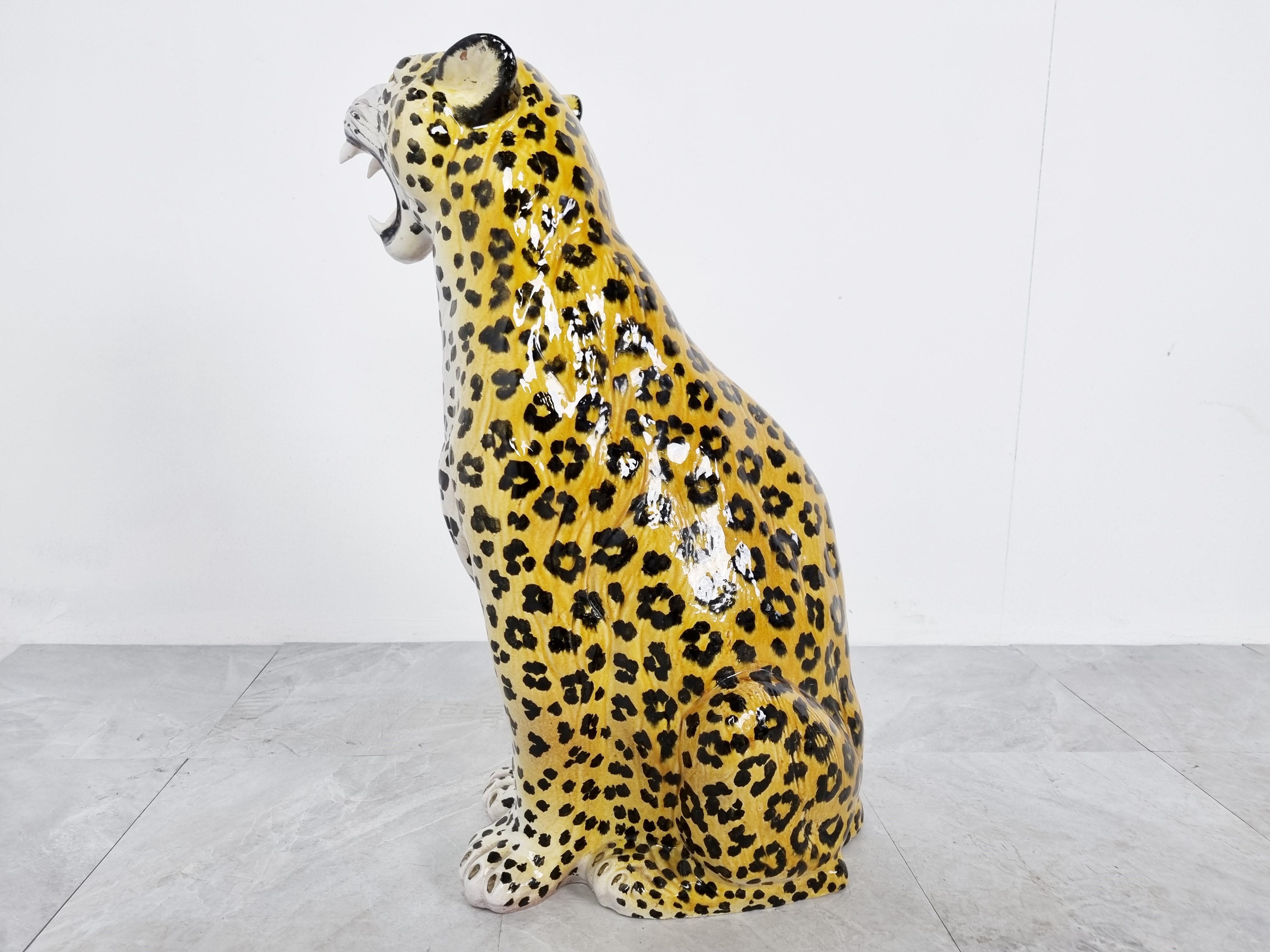 Mid-20th Century Italian Glazed Terracotta Leopard Figure, 1960s For Sale