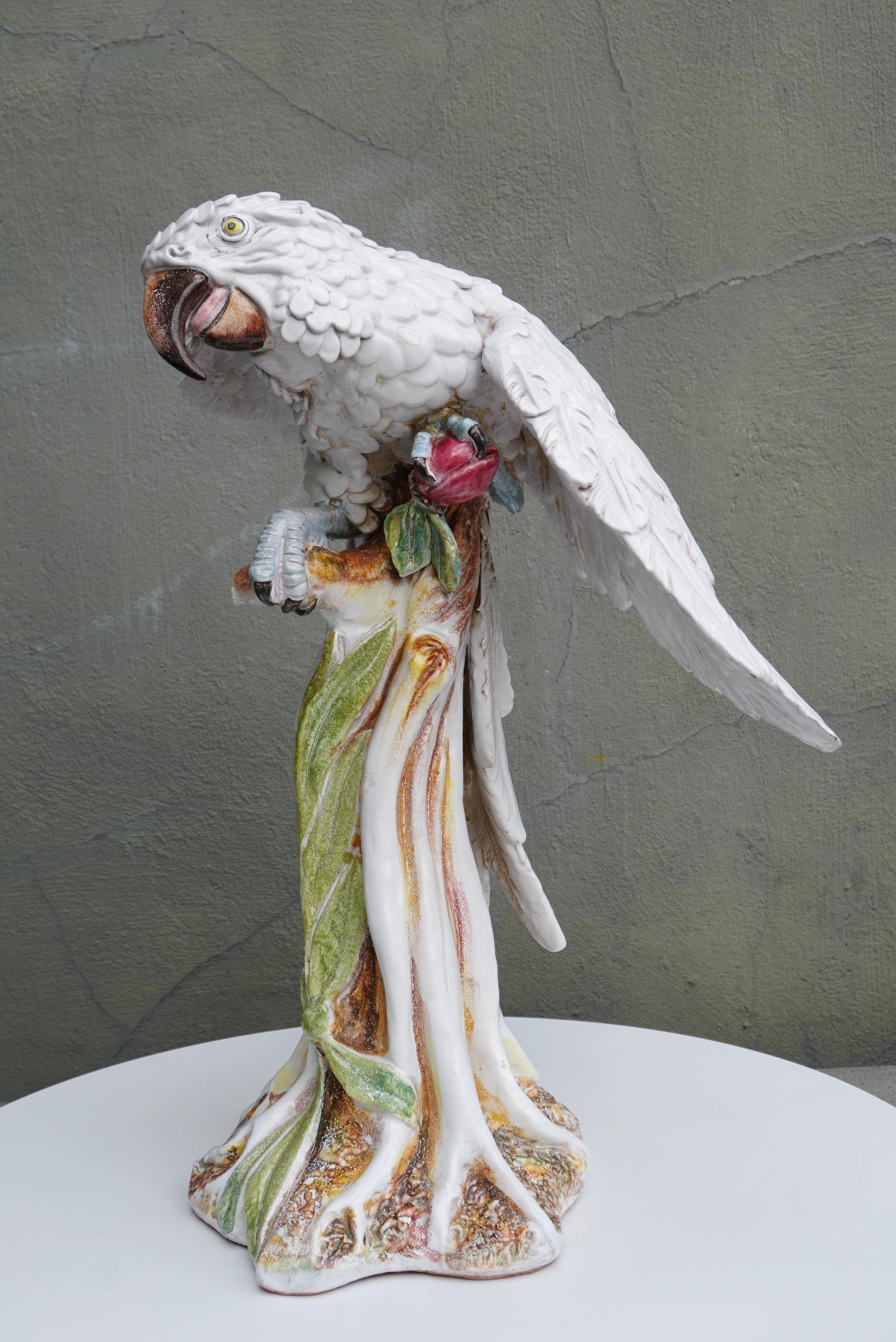Hollywood Regency Italian Glazed Terracotta Parrot Statue For Sale