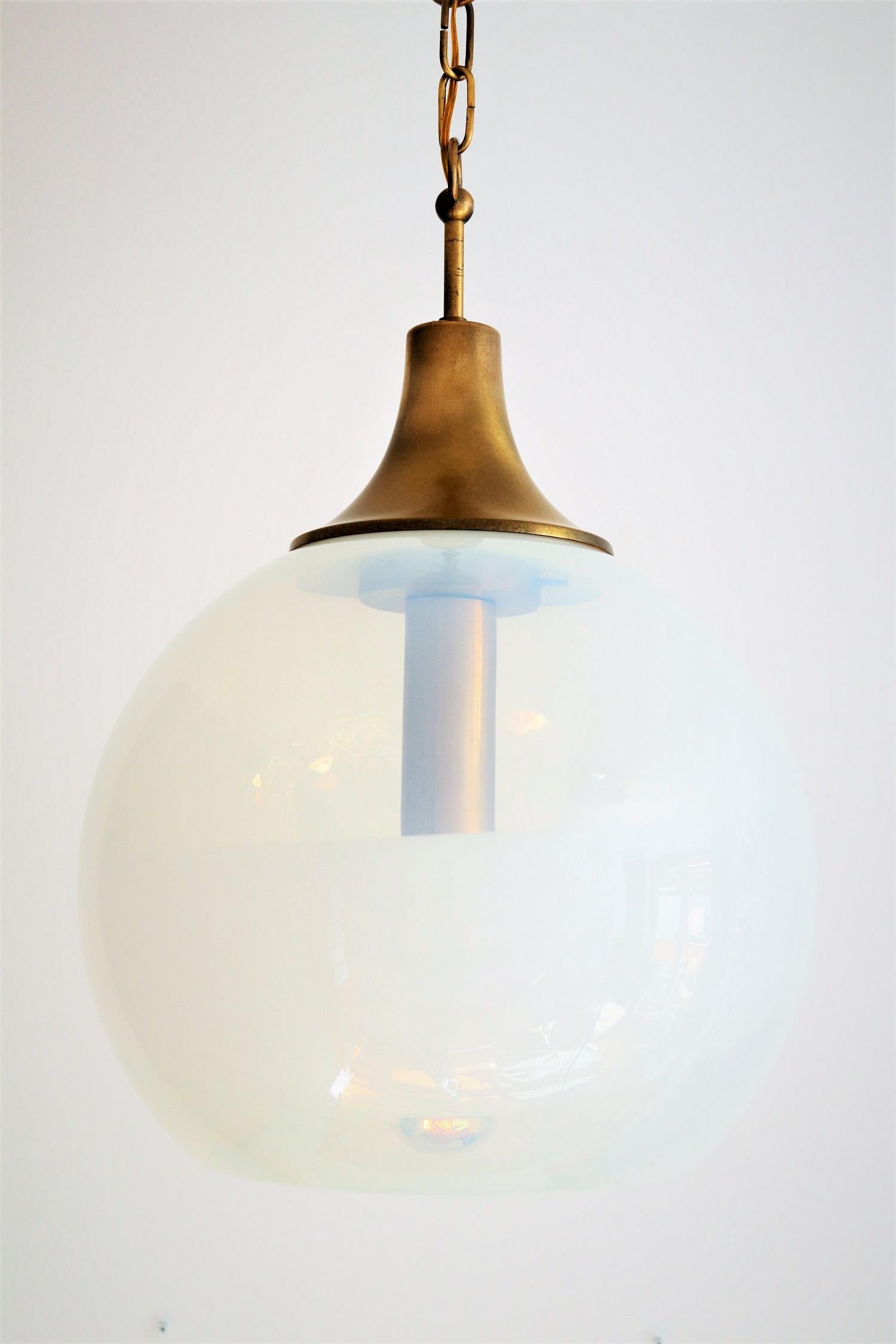 Italian Globe Pendant Lamp with Opalescent Glass and Brass, 1970s 5