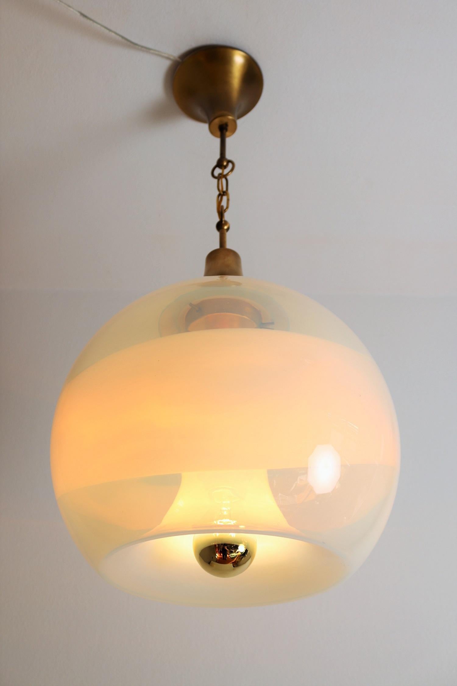 Mid-Century Modern Italian Globe Pendant Lamp with Opalescent Glass and Brass, 1970s