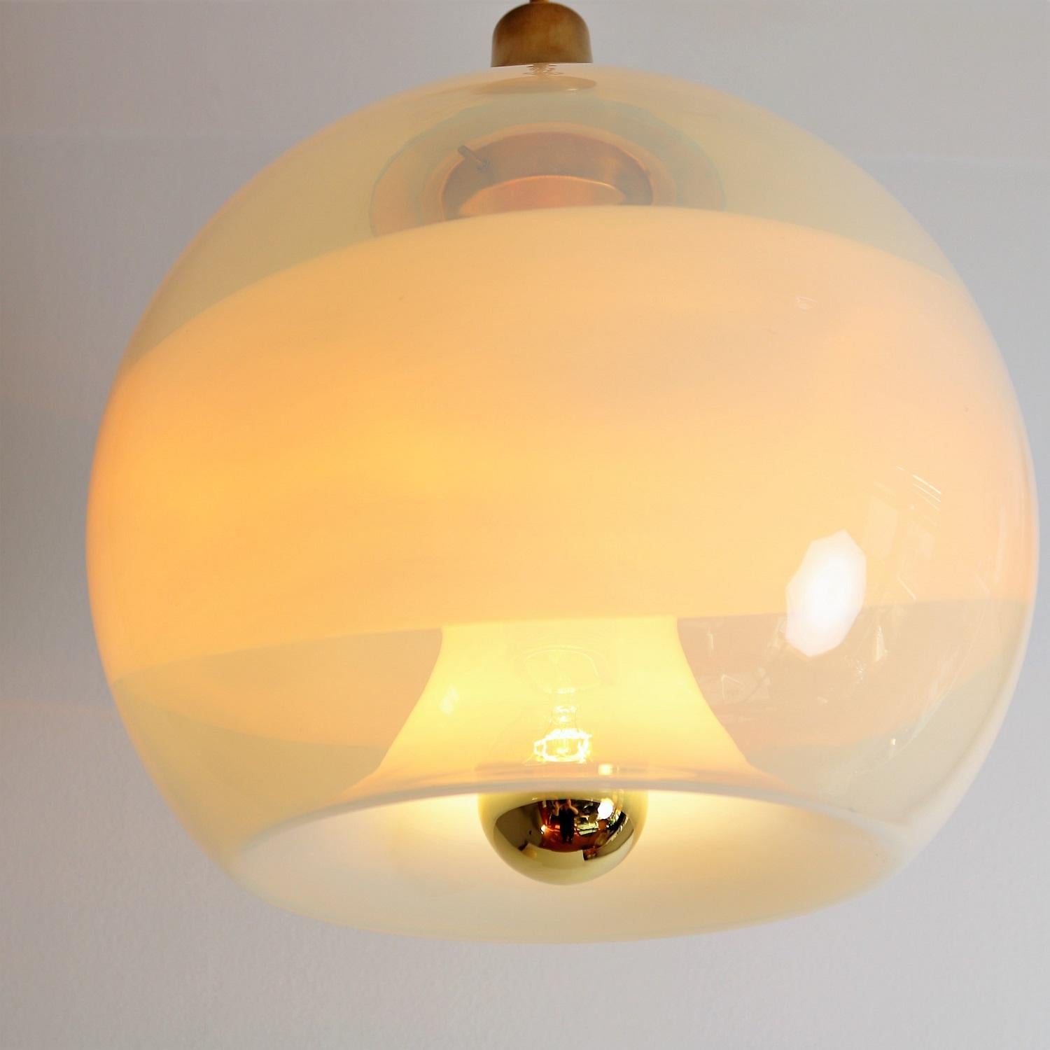 Late 20th Century Italian Globe Pendant Lamp with Opalescent Glass and Brass, 1970s