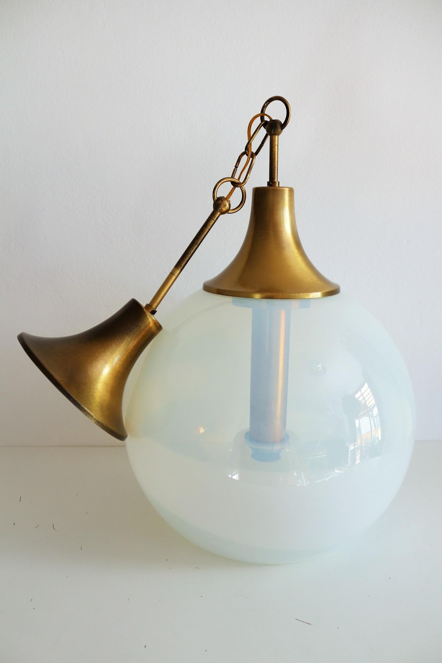 Italian Globe Pendant Lamp with Opalescent Glass and Brass, 1970s 2