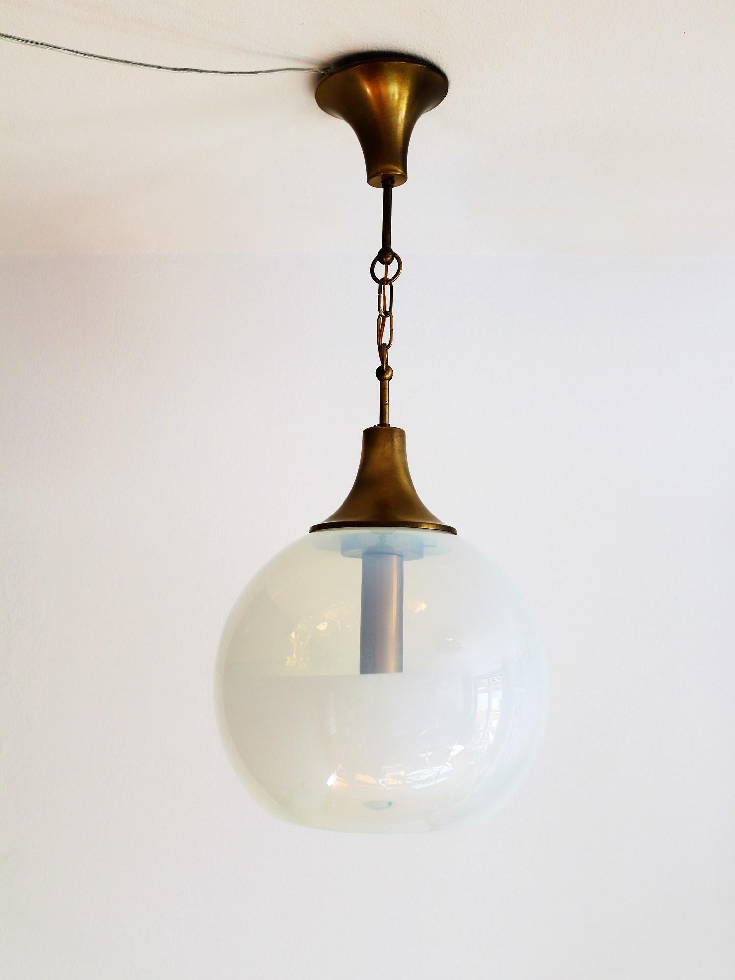 Italian Globe Pendant Lamp with Opalescent Glass and Brass, 1970s 4