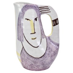 Italian Glossy Ceramic Pitcher with Painted Face Motif