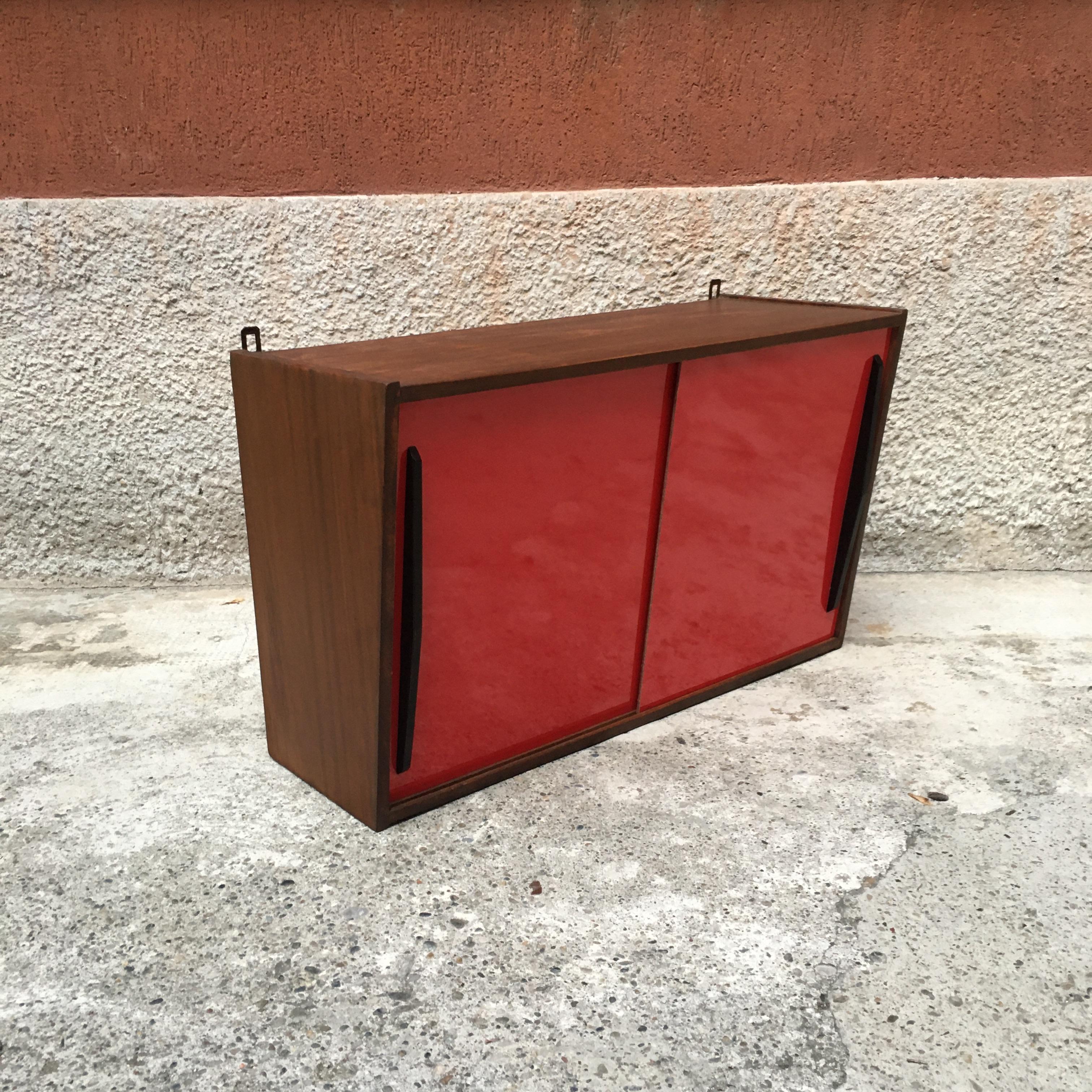 Mid-Century Modern Italian Glossy Red Formica and Black Wood Kitchen Wall Unit, 1960s