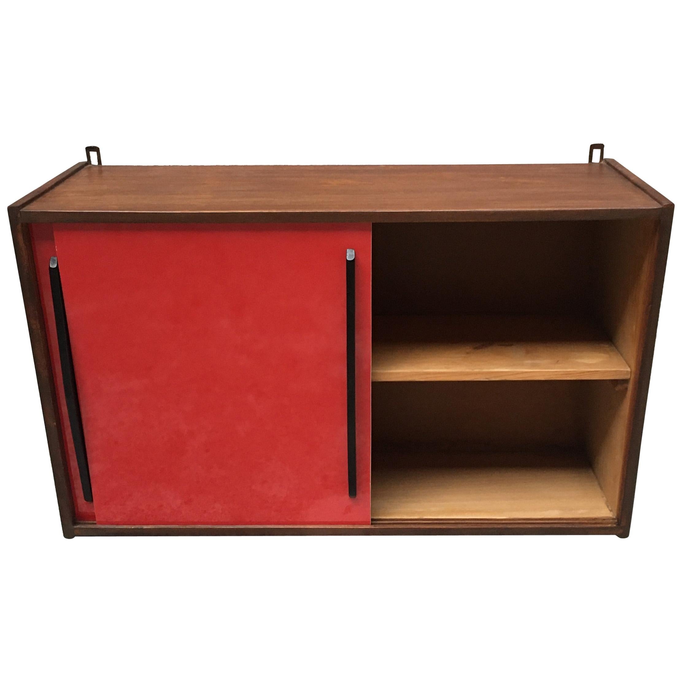 Italian Glossy Red Formica and Black Wood Kitchen Wall Unit, 1960s