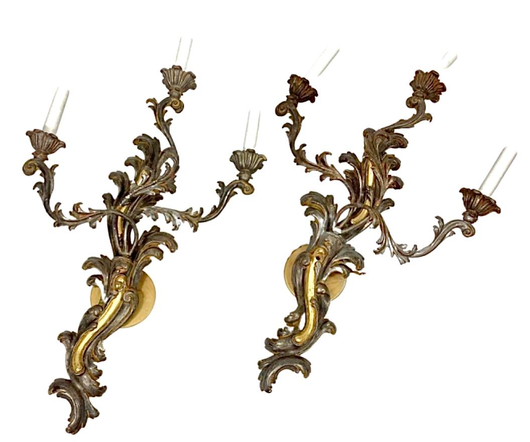 Baroque Italian Gold and Silver Gilt Wood Wall Lights / Sconces