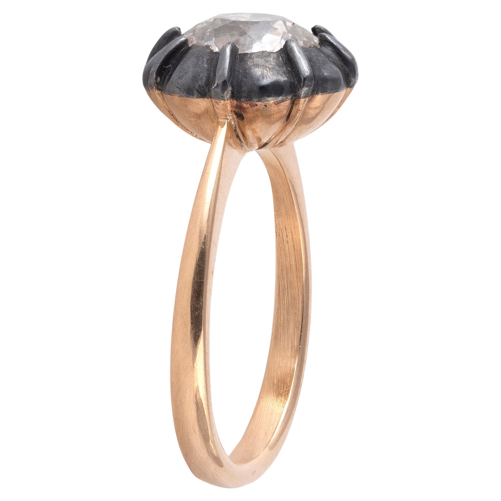 Italian gold and silver single stone ring, set with an old european cut diamond weighing approximately 3 carats. The purity looks good. The color is slightly yellow. 
Size/Dimensions: US ring size 8
Gross Weight: 5.1 grams