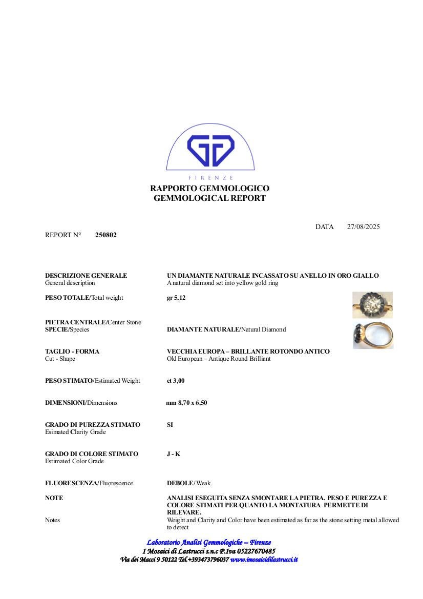 da uomo o donna Anello italiano in oro e argento con Single Stone di diamanti taglio vecchio da 3 carati in vendita