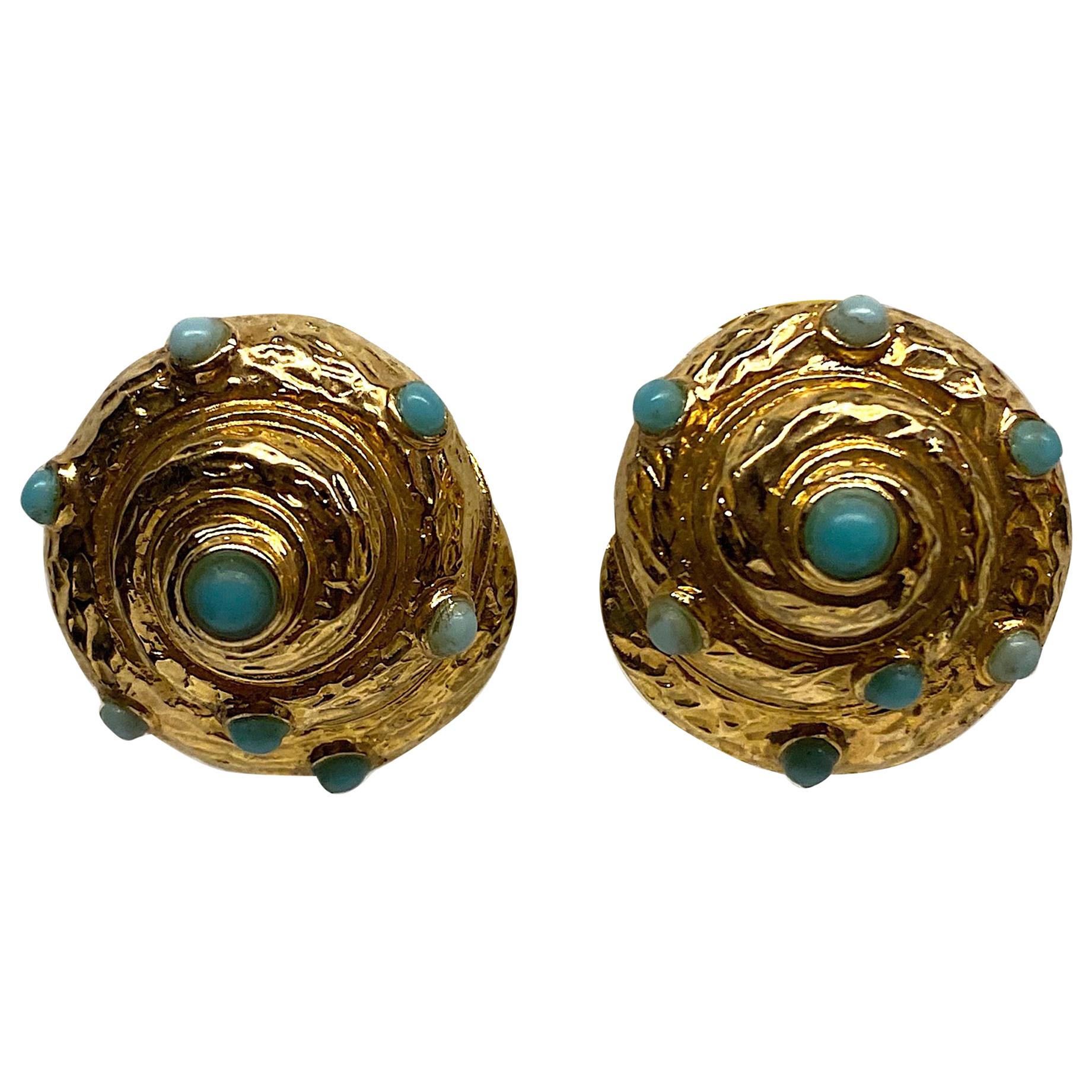 Italian Gold and Turquoise Spiral Sea Shell Earrings