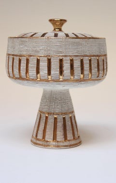 Italienische gold-weiß glasierte, eingeschnittene Kompottschale aus Keramik von Aldo Londi für Bitossi