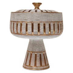 Italian Gold and White Glazed Incised Ceramic Compote by Aldo Londi for Bitossi