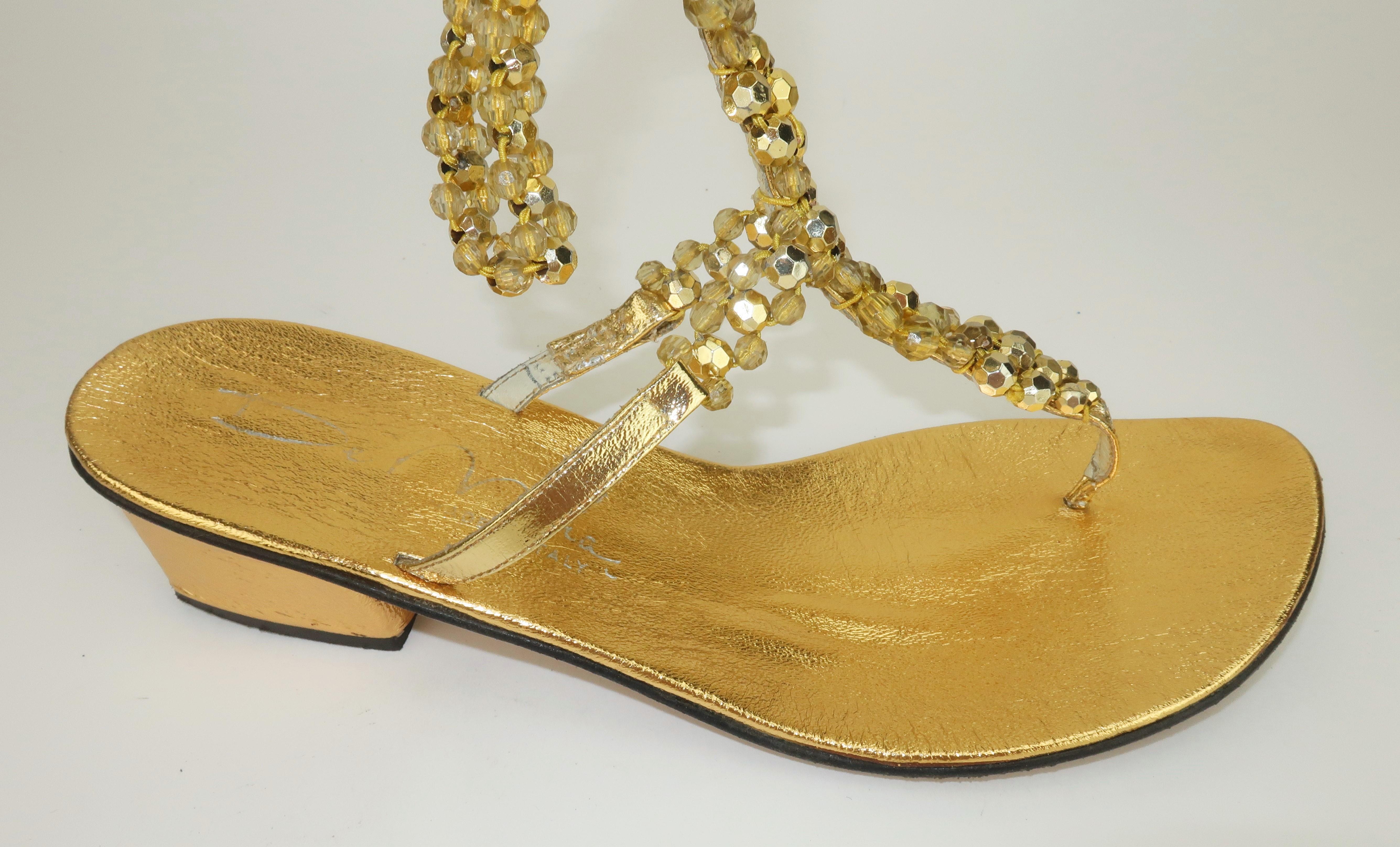 Italian Gold Beaded Leather Gladiator Sandals, 1960's For Sale 3