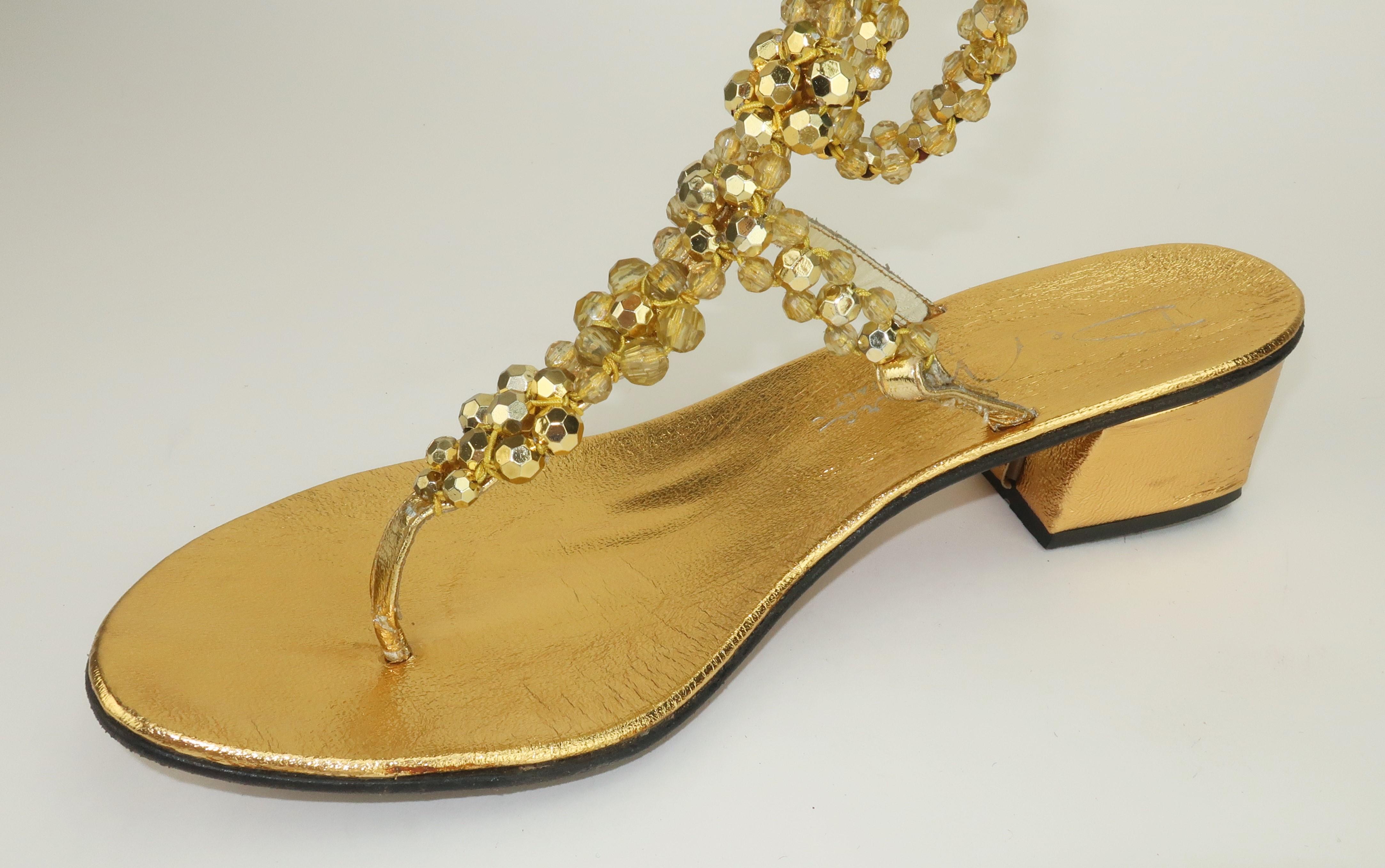 Italian Gold Beaded Leather Gladiator Sandals, 1960's For Sale 4
