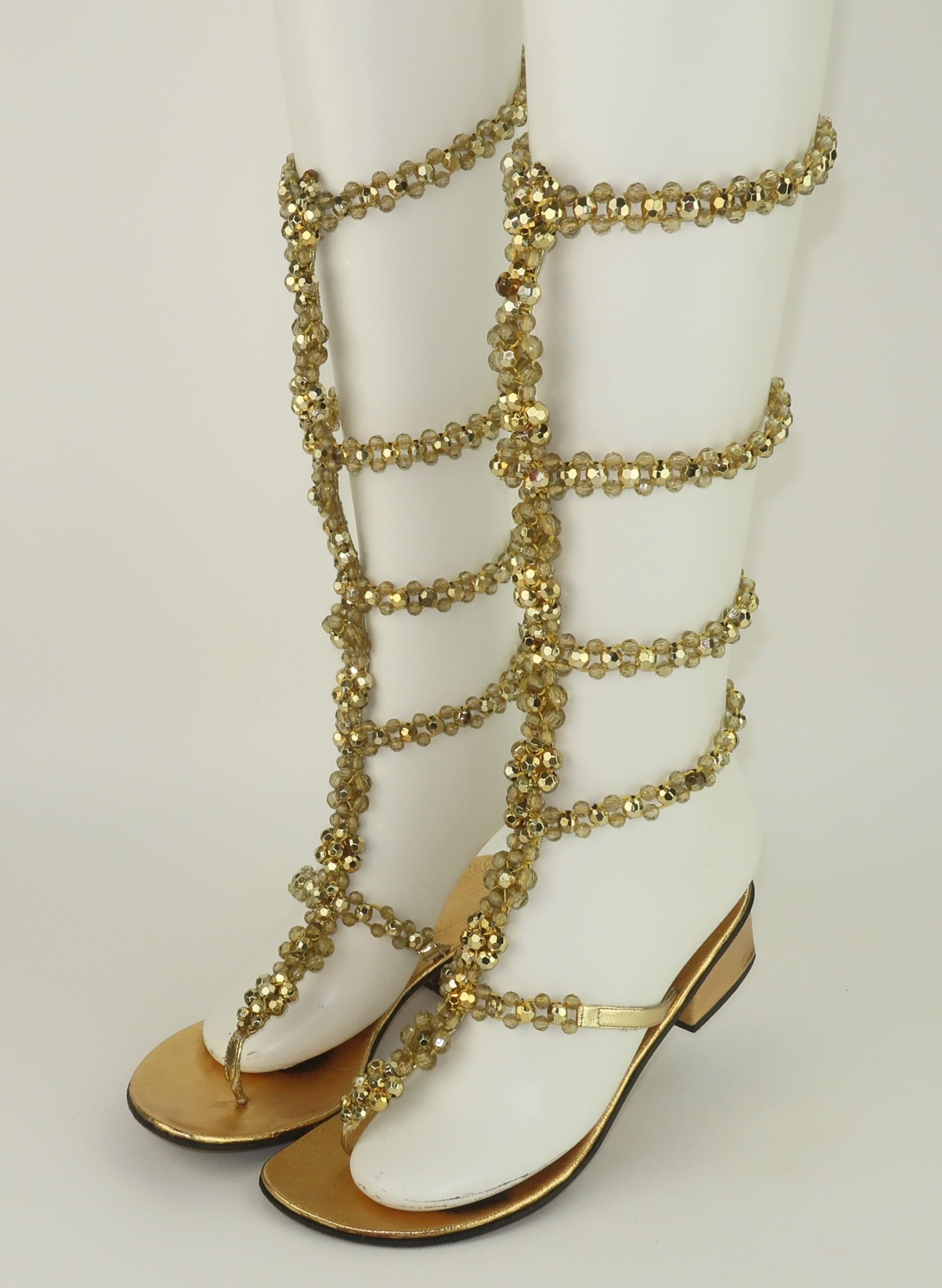 Brown Italian Gold Beaded Leather Gladiator Sandals, 1960's For Sale