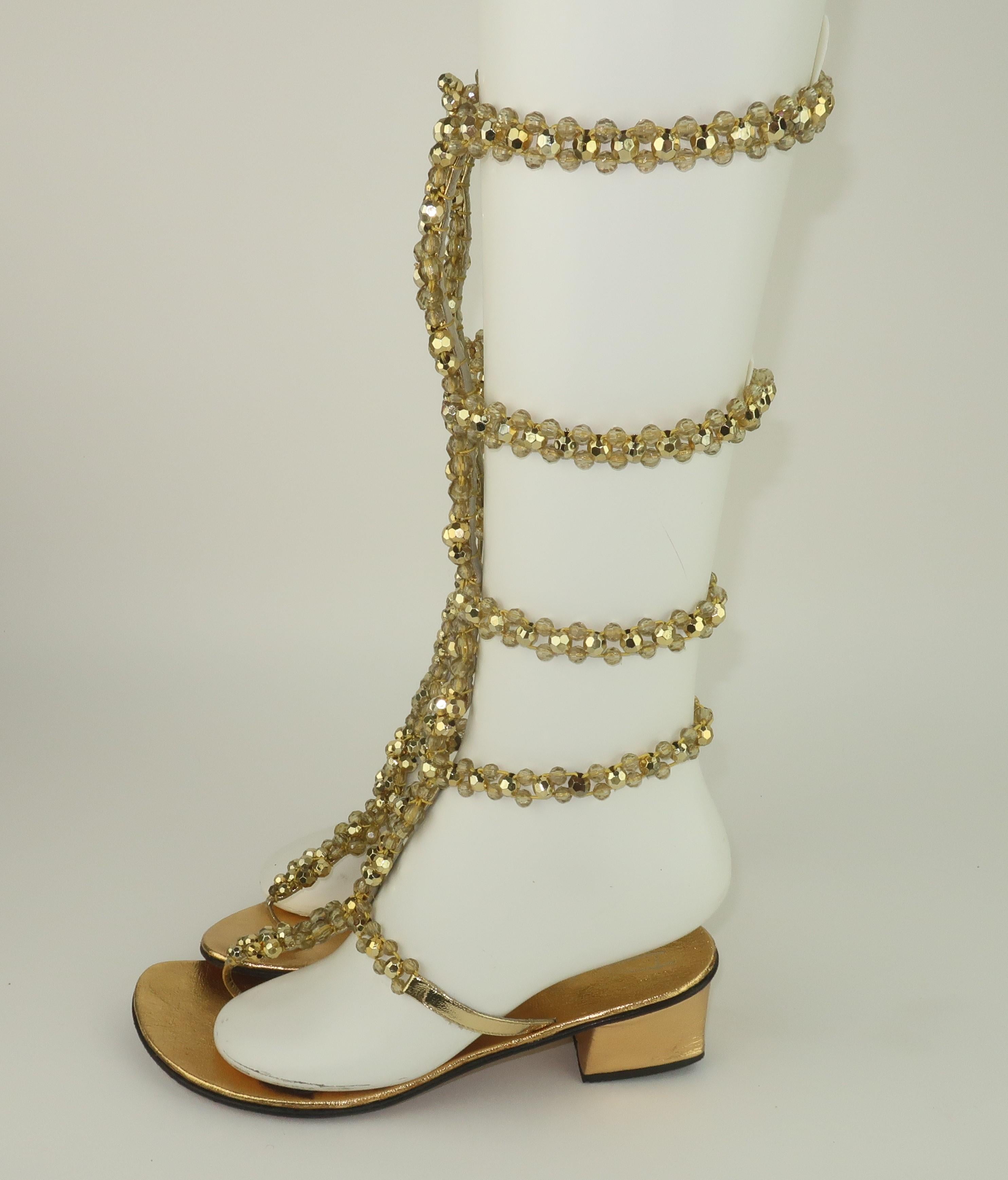 Italian Gold Beaded Leather Gladiator Sandals, 1960's In Good Condition For Sale In Atlanta, GA