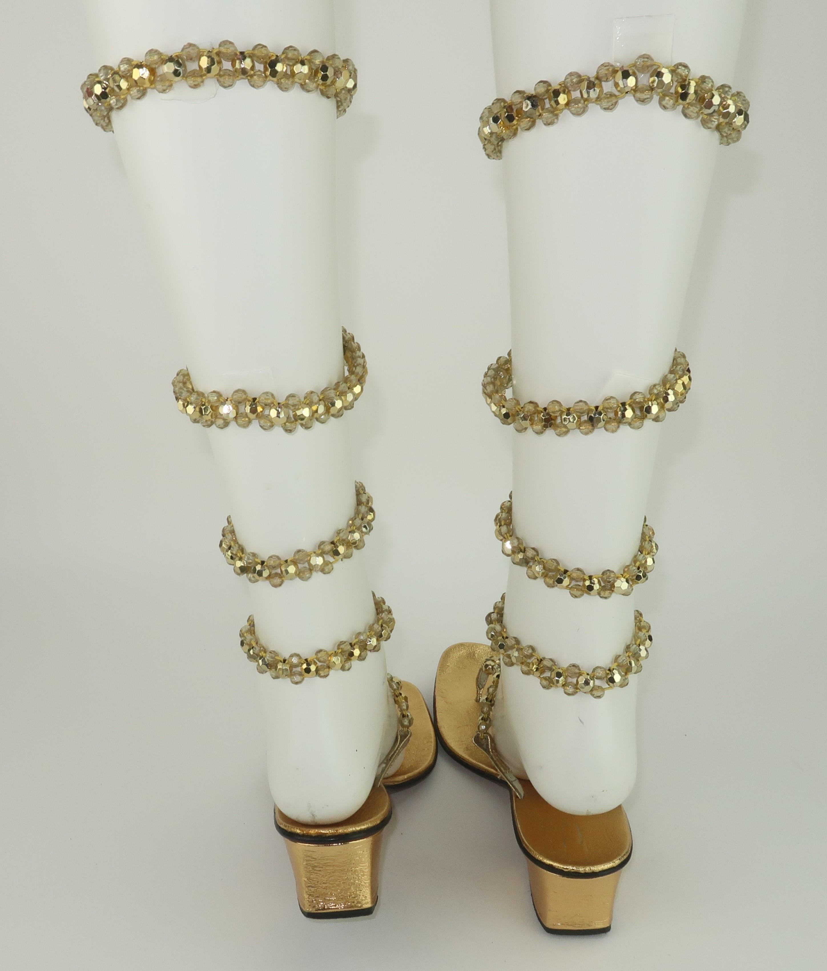 Women's Italian Gold Beaded Leather Gladiator Sandals, 1960's For Sale