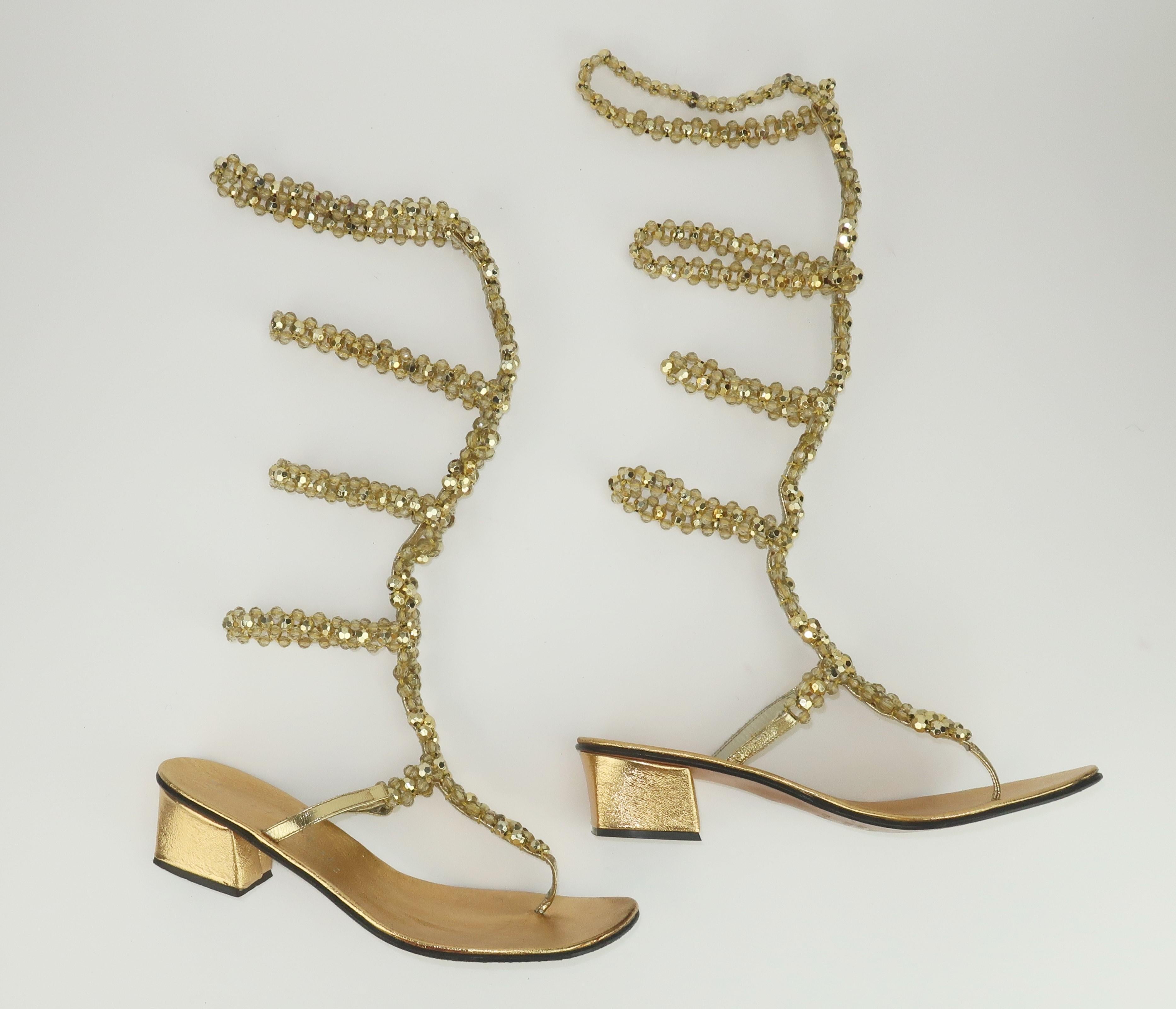 Italian Gold Beaded Leather Gladiator Sandals, 1960's For Sale 1